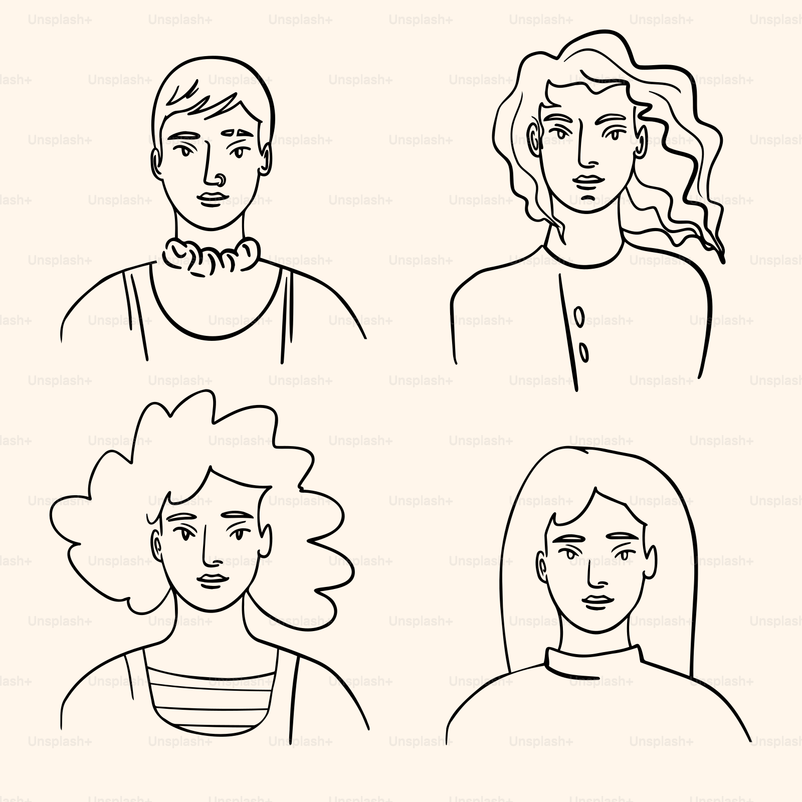 Um desenho linear de quatro pessoas diferentes