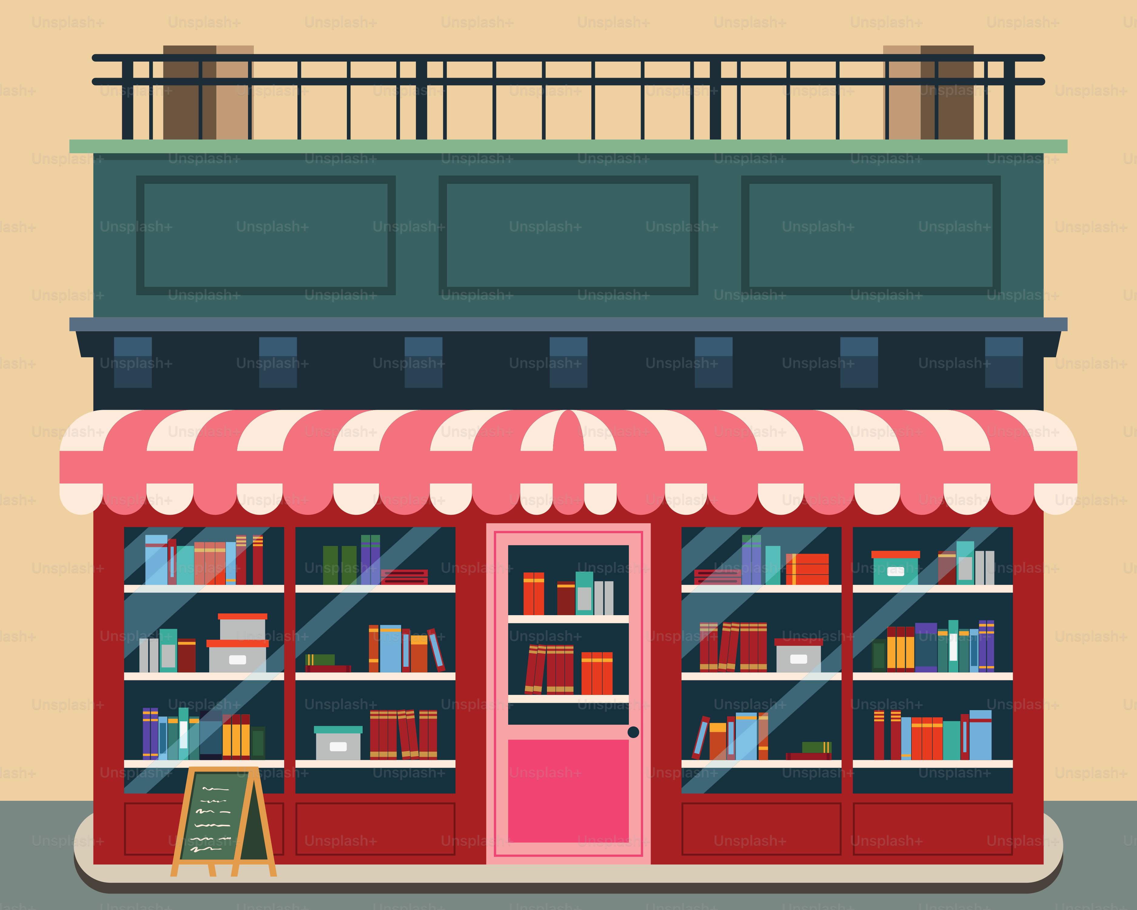 Ein Buchladen mit einer roten und einer rosa Tür