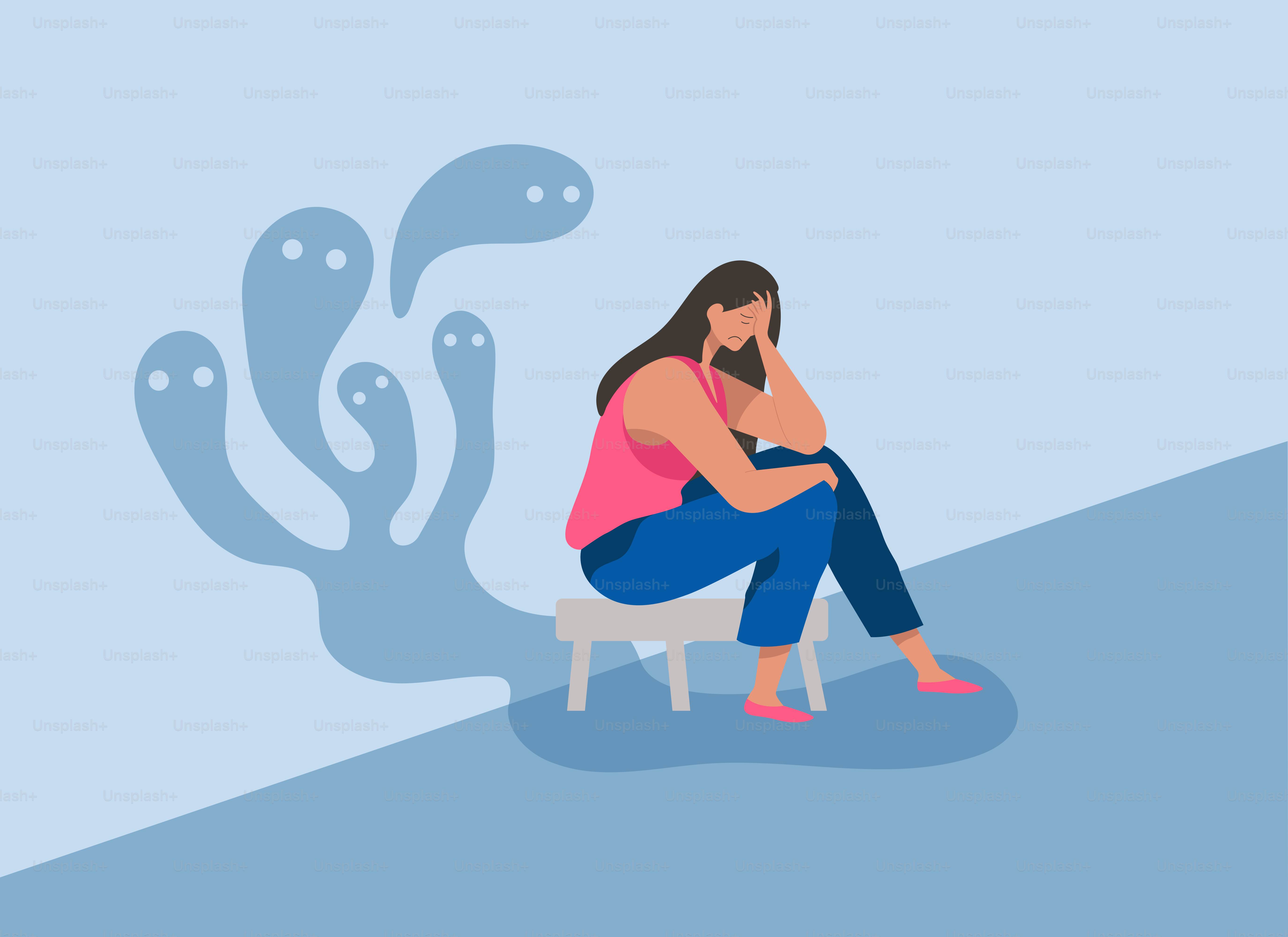 A woman sitting on a stool with a phone in her hand