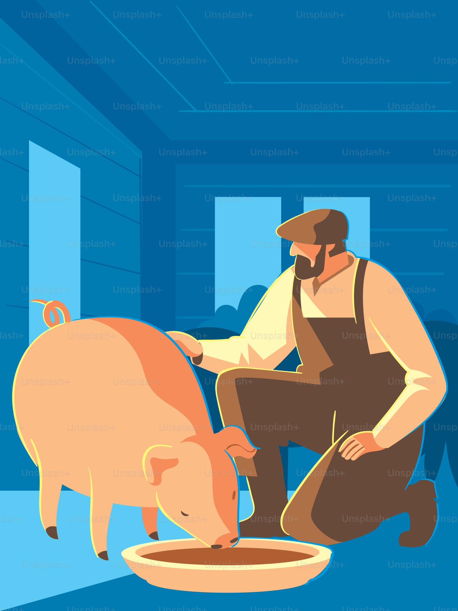 Un homme nourrit un cochon dans un bol