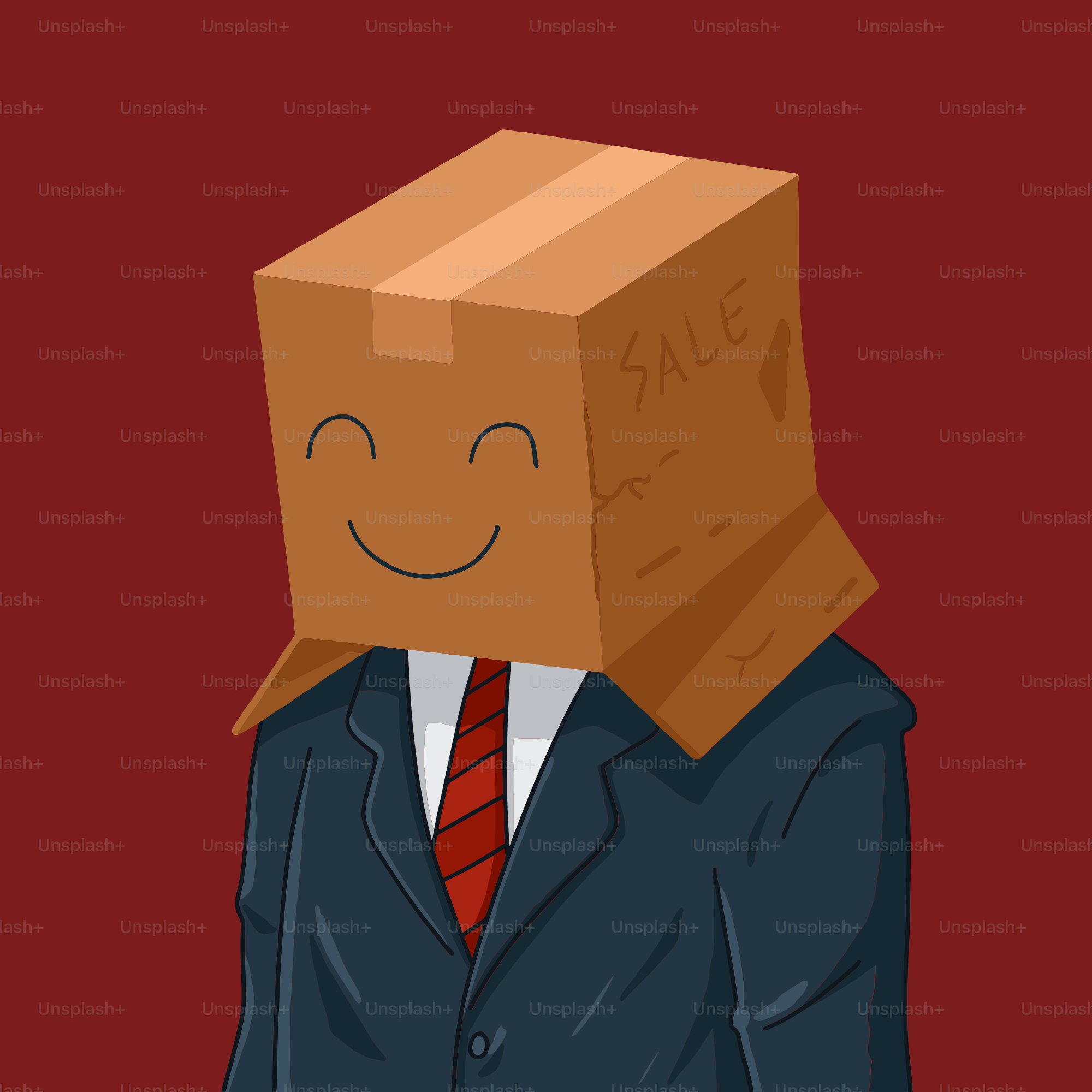 Ein Mann in Anzug und Krawatte mit einer Schachtel auf dem Kopf