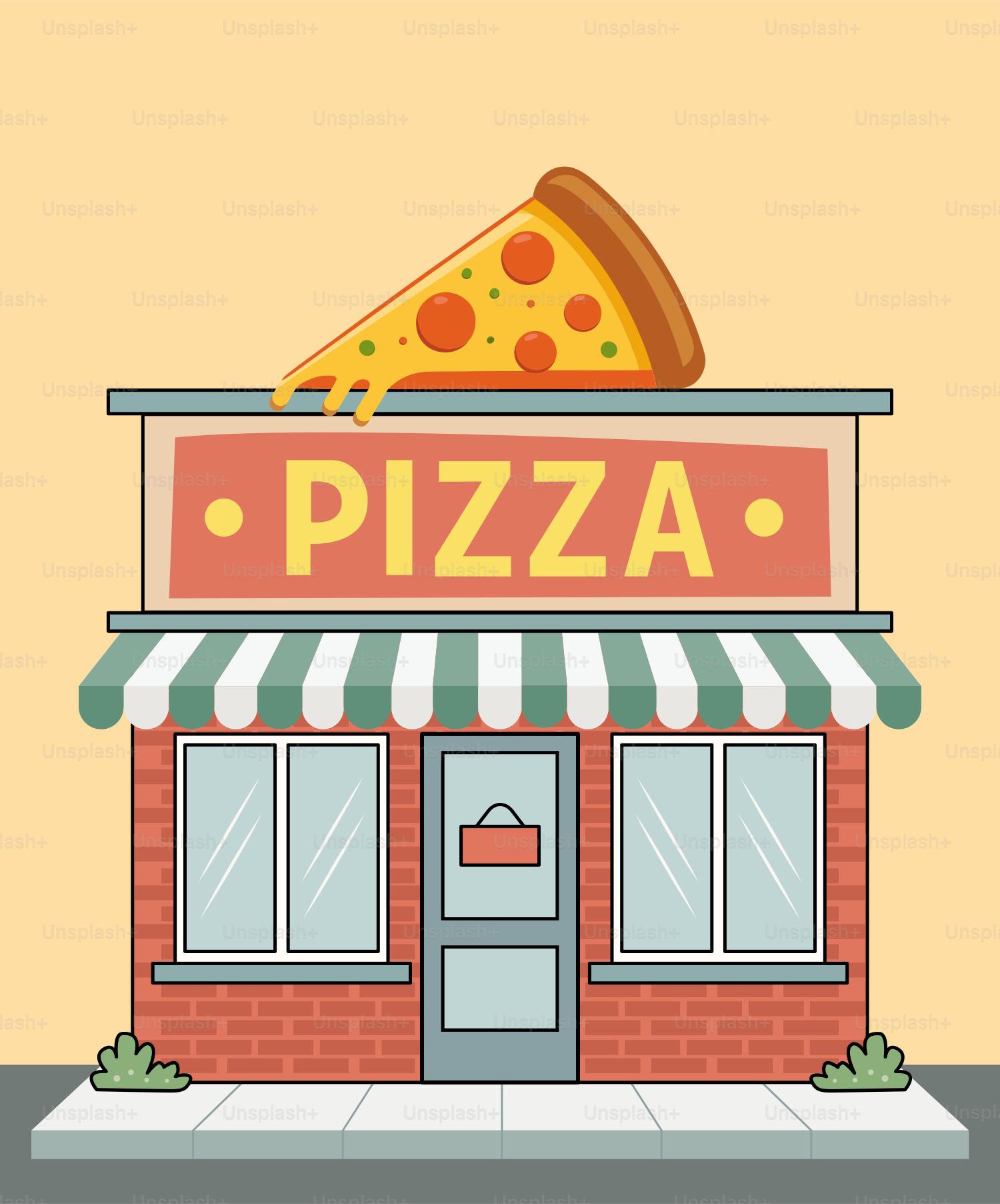 A pizza shop with a slice of pizza on top of it