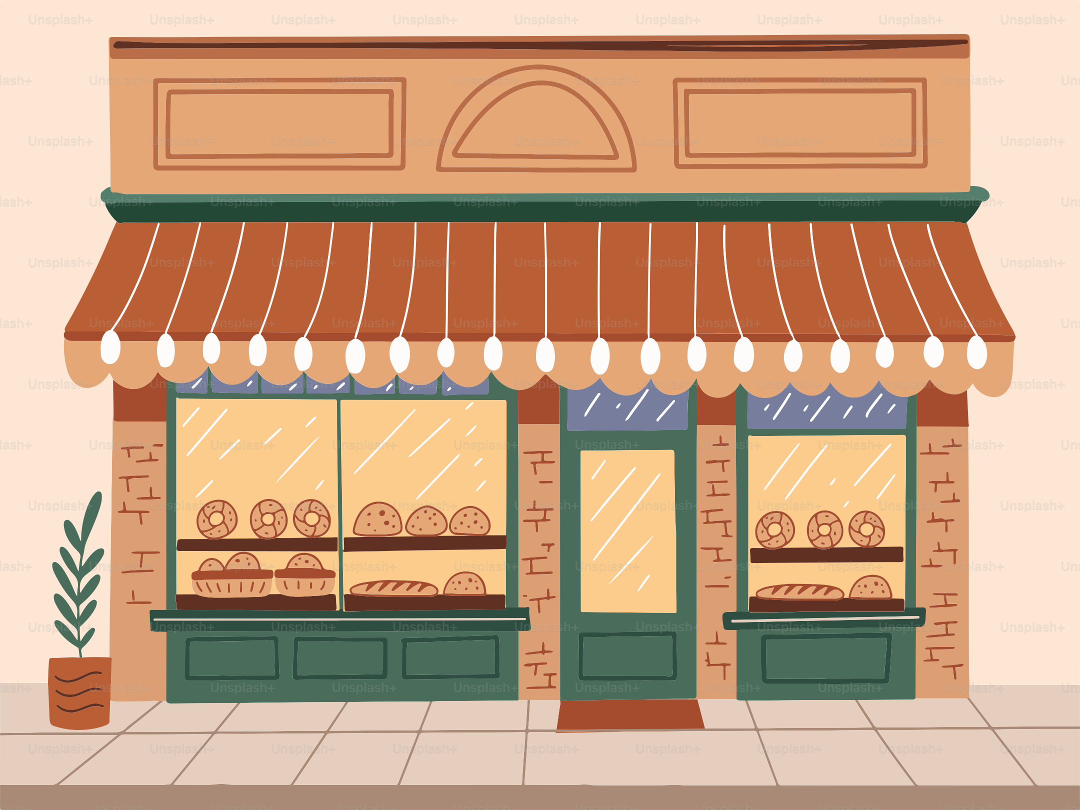 Eine Ladenfassade mit grüner Tür und brauner Markise