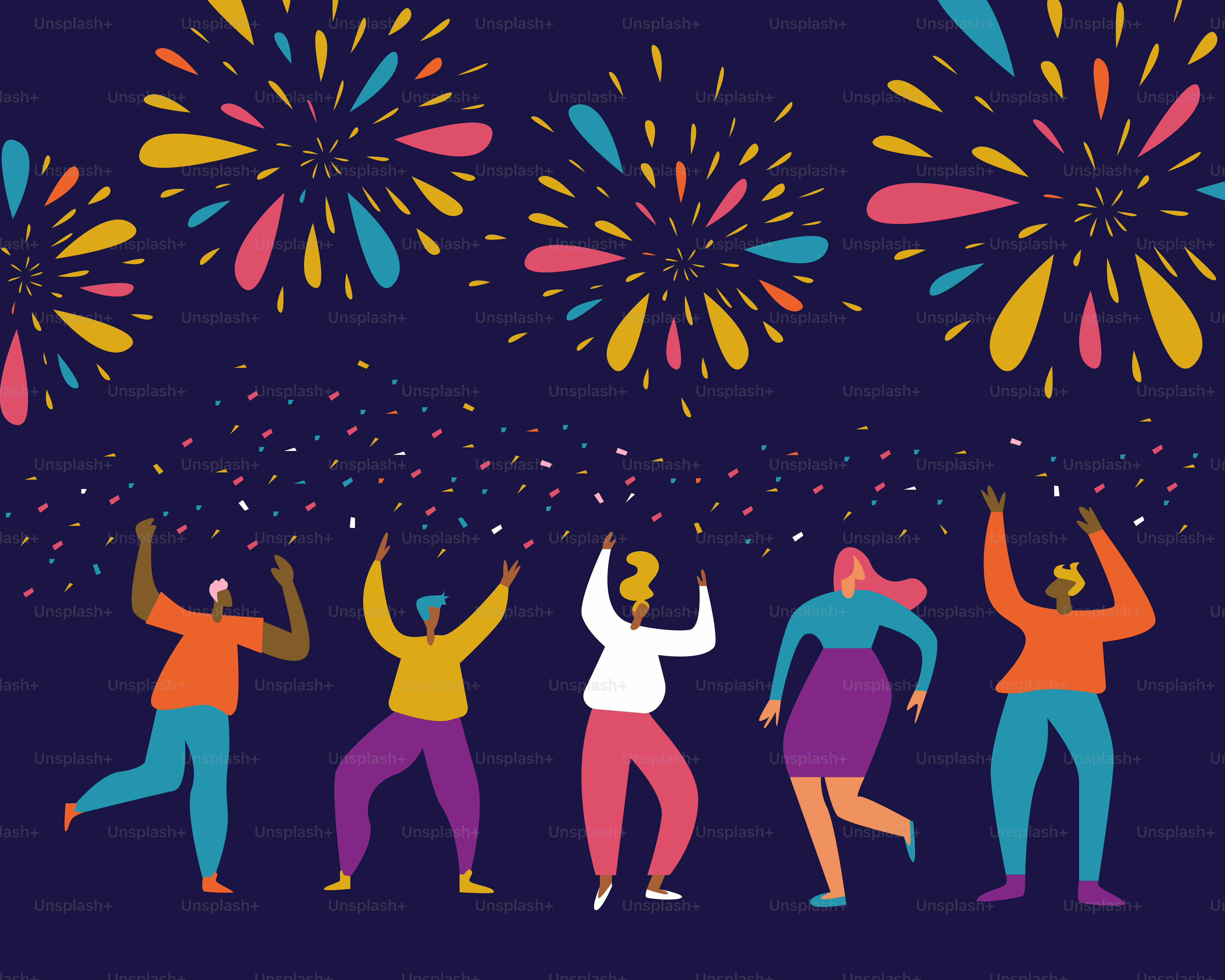 A group of people standing next to each other in front of fireworks