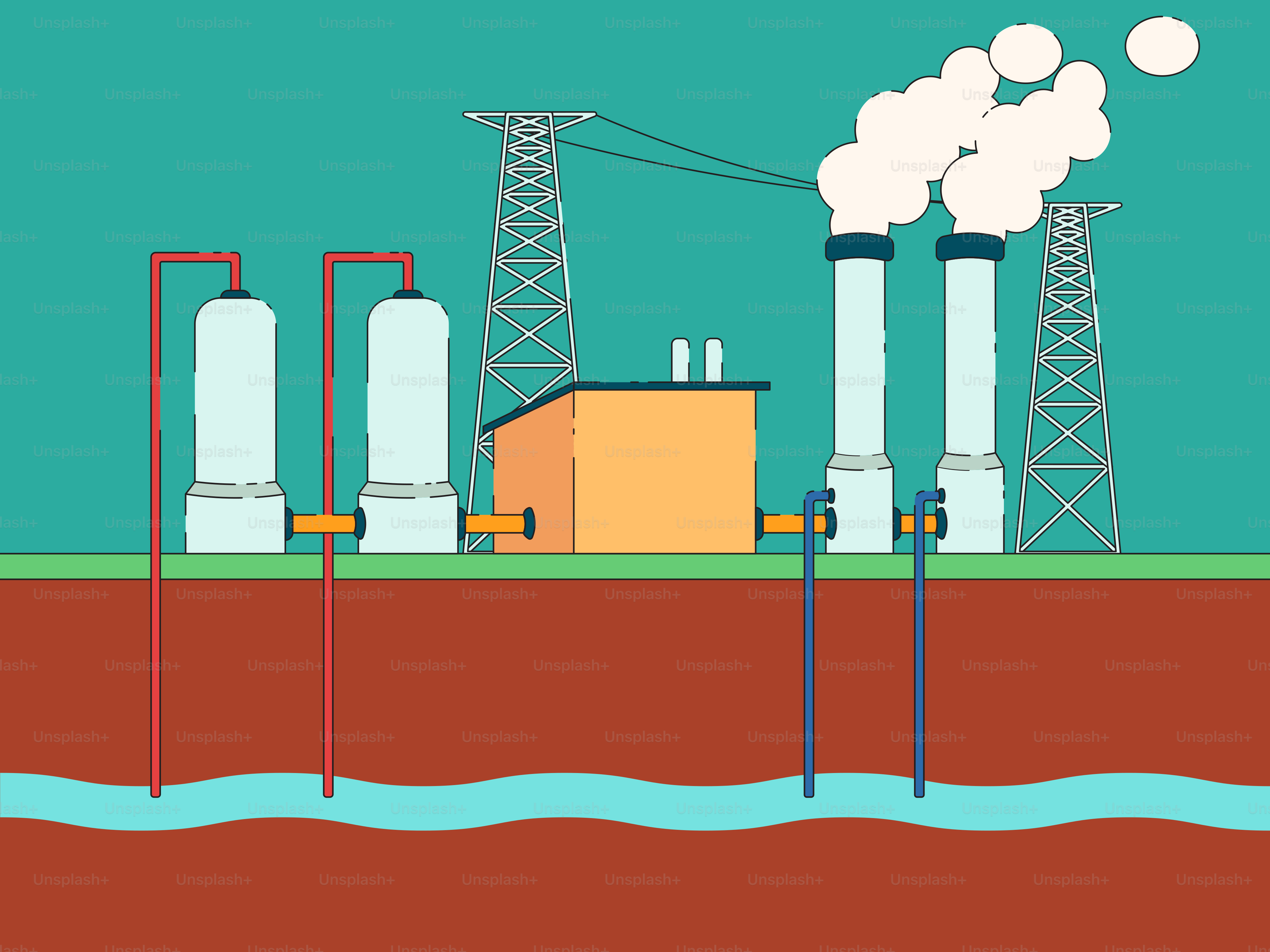 An illustration of a factory with pipes and smoke coming out of it