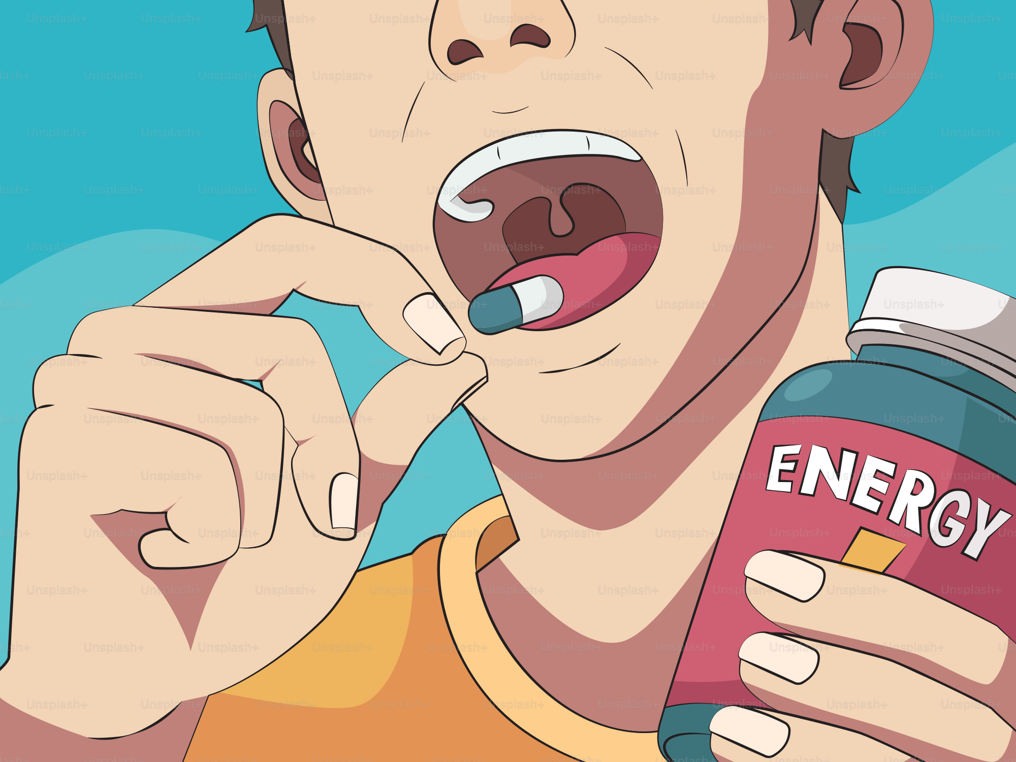 Un hombre cepillándose los dientes mientras sostiene una bebida energética