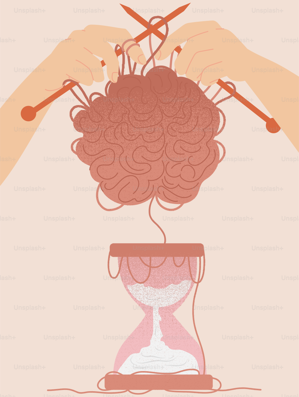 A drawing of a hand holding a hourglass with yarn in it