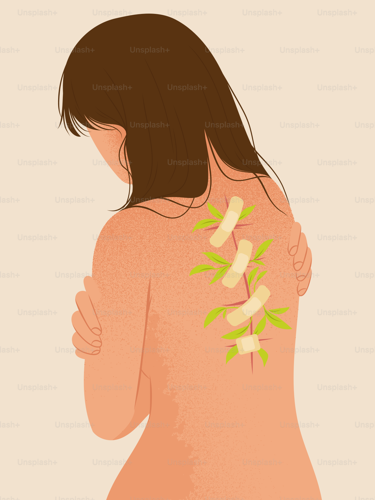 A woman with her back turned to the camera with a green plant on her back
