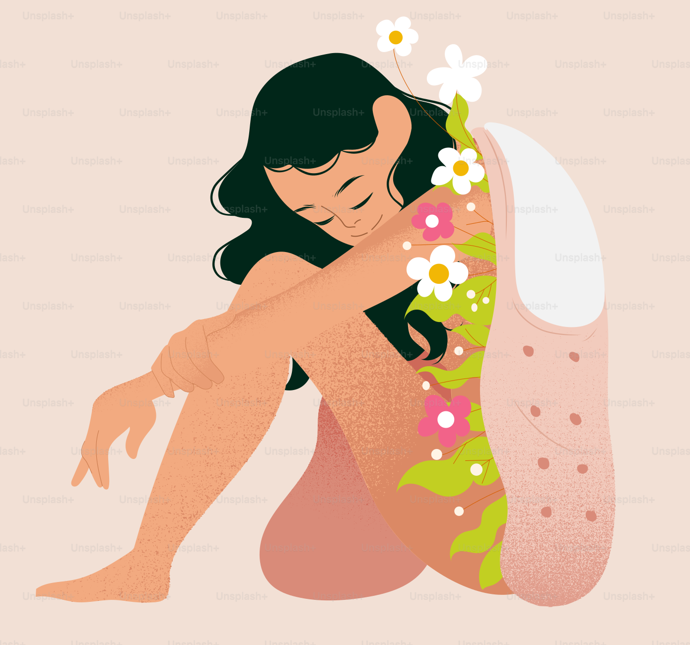 A woman sitting on the ground with a flower in her hair