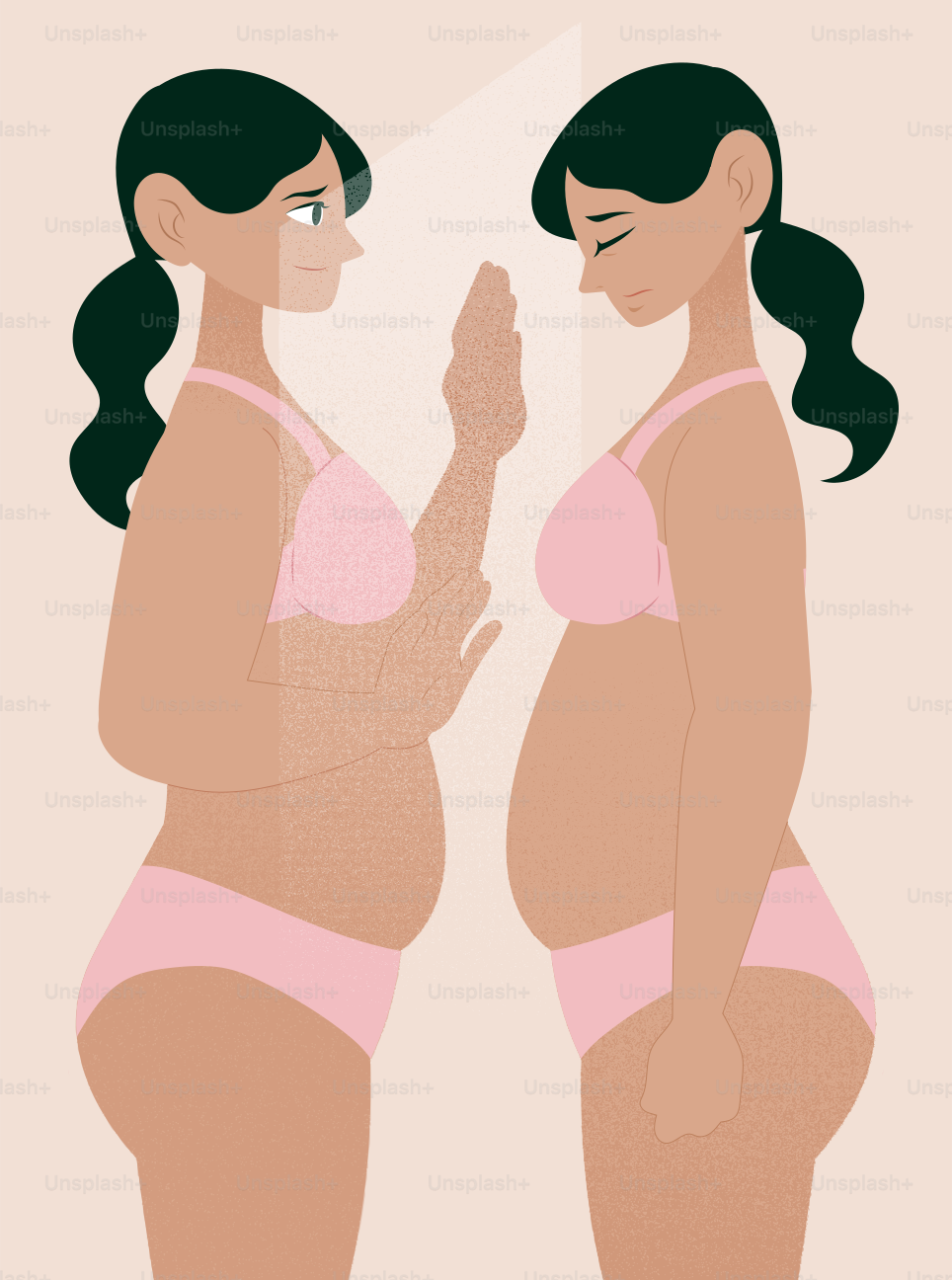 A pregnant woman in a pink bra looking at her reflection in a mirror