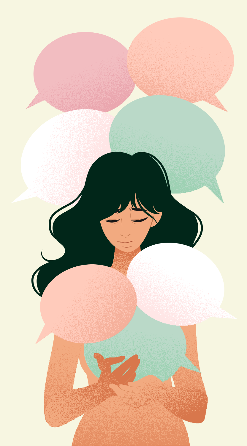 A woman with speech bubbles over her head