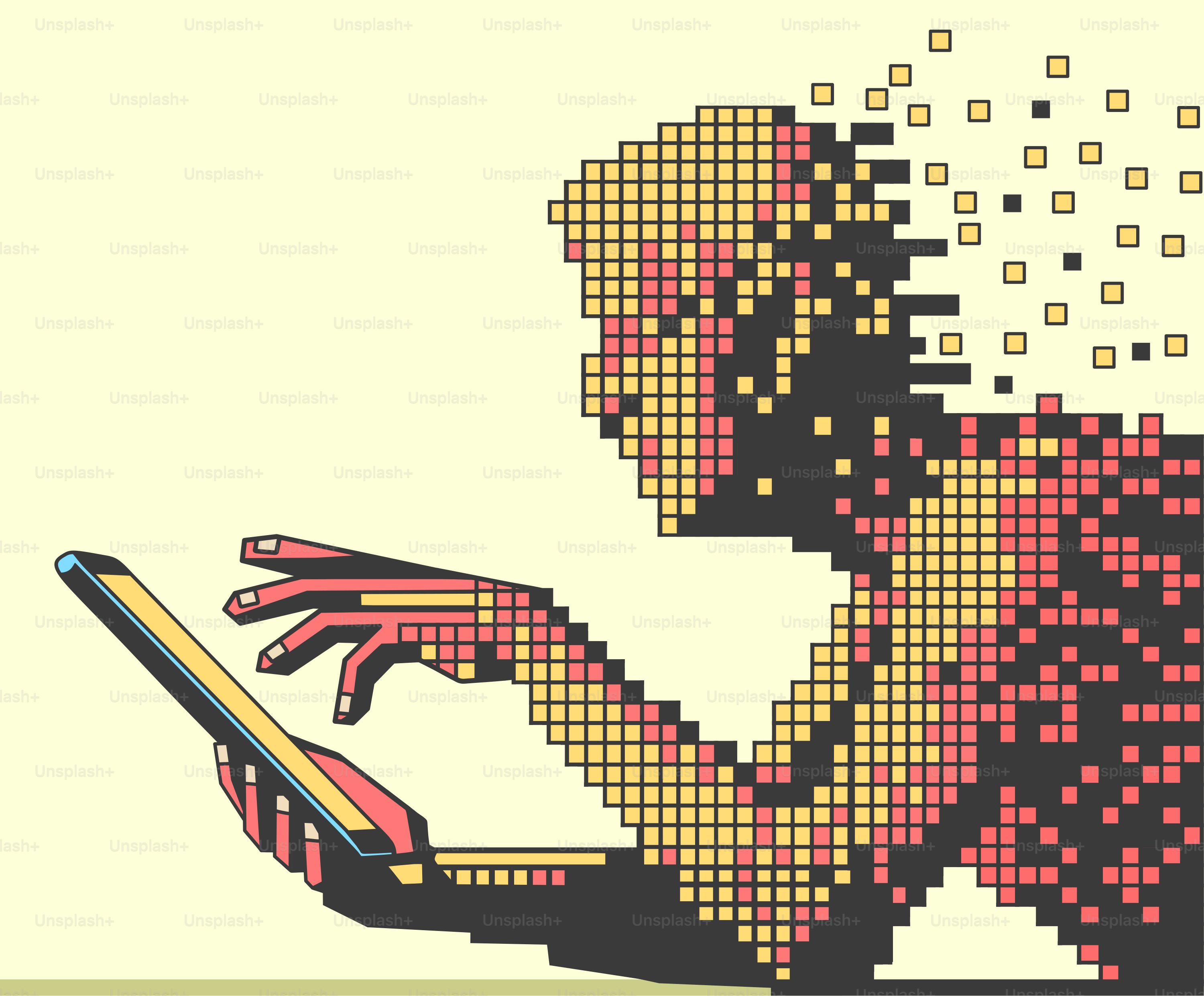 A pixel art picture of a person using a tablet