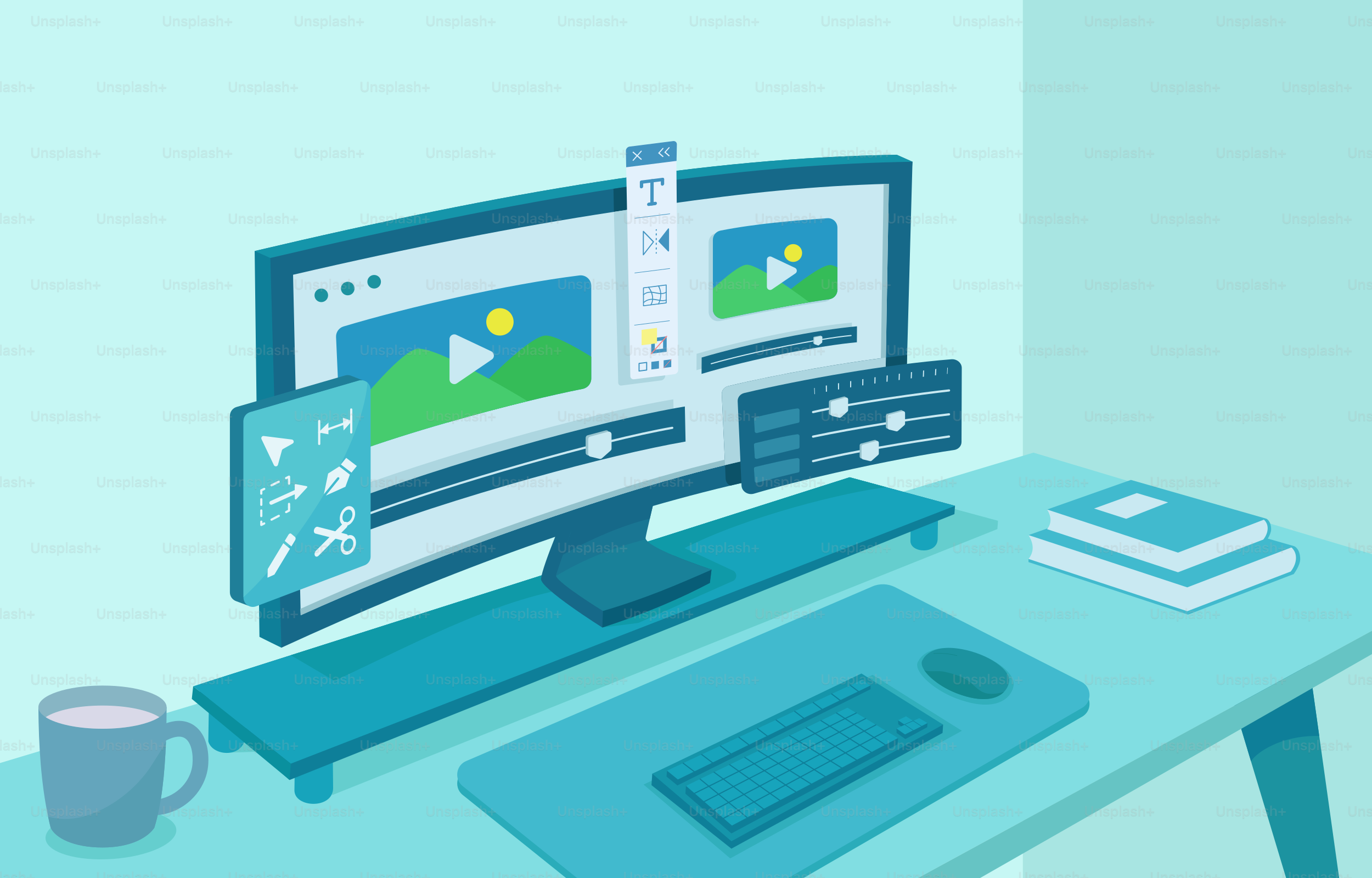 A computer desk with two monitors and a cup of coffee