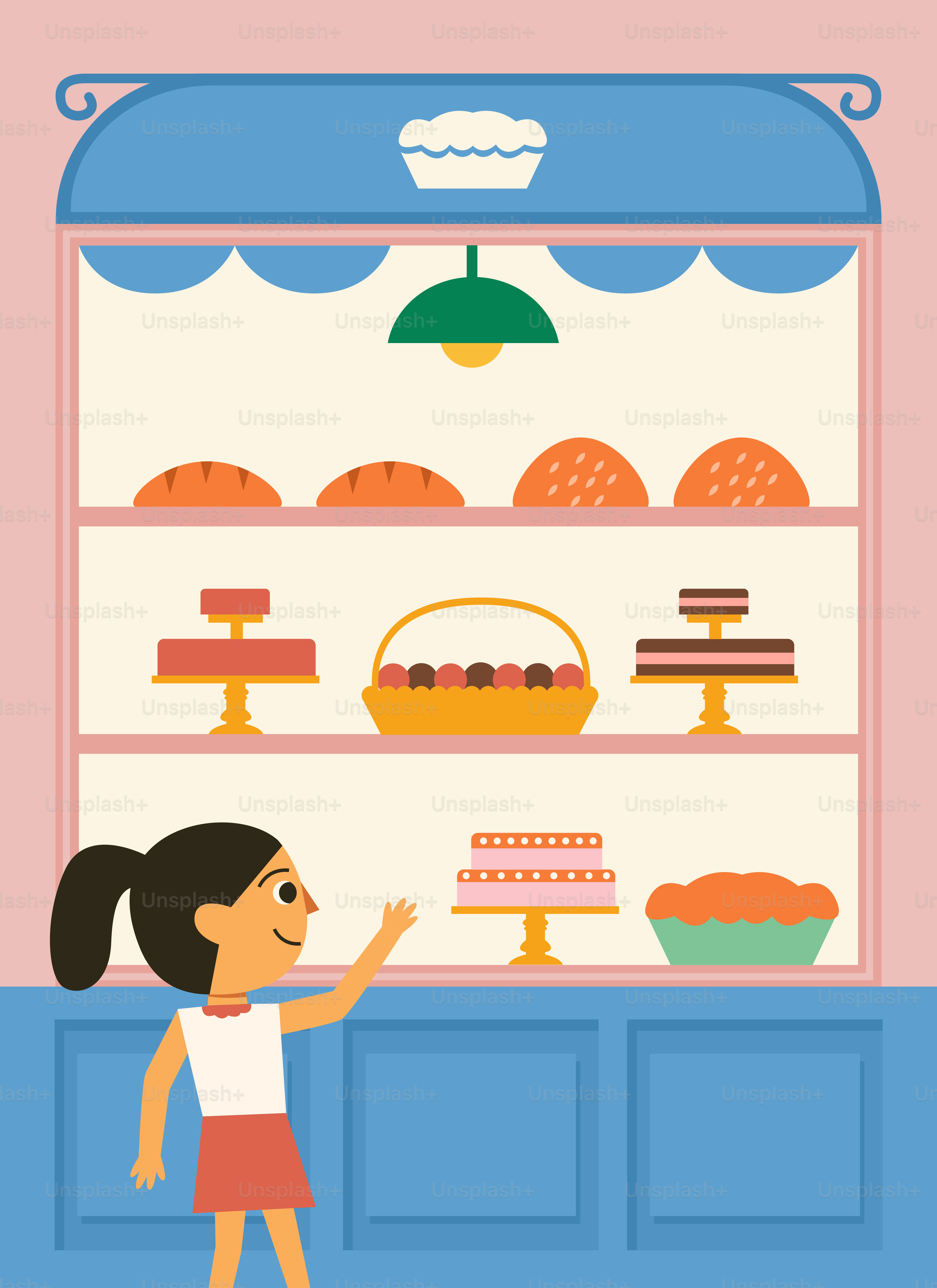 A woman standing in front of a display case filled with cakes