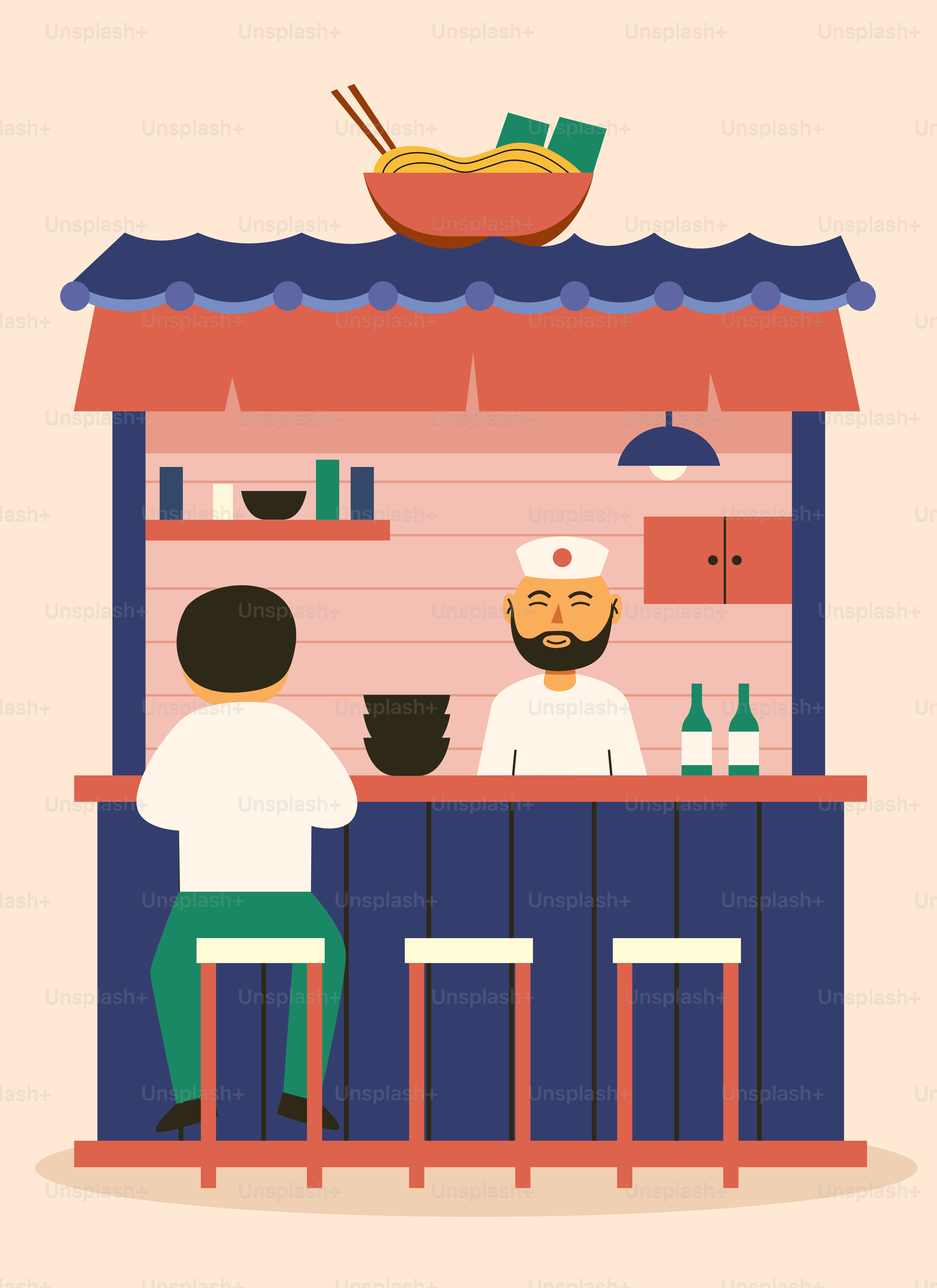 Two men sitting at a bar with a bowl on top of it