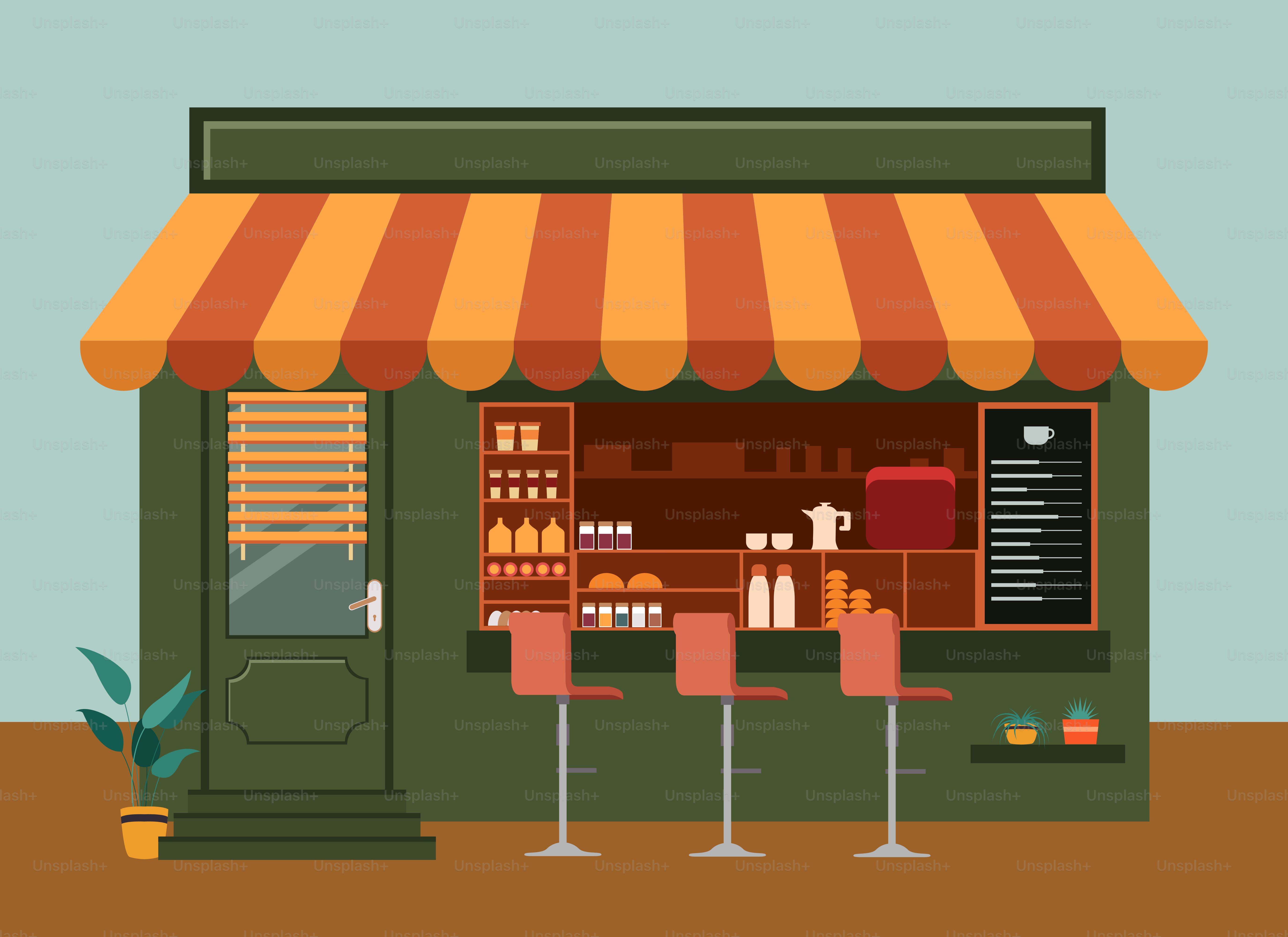 An illustration of a coffee shop with three wine glasses in front of it
