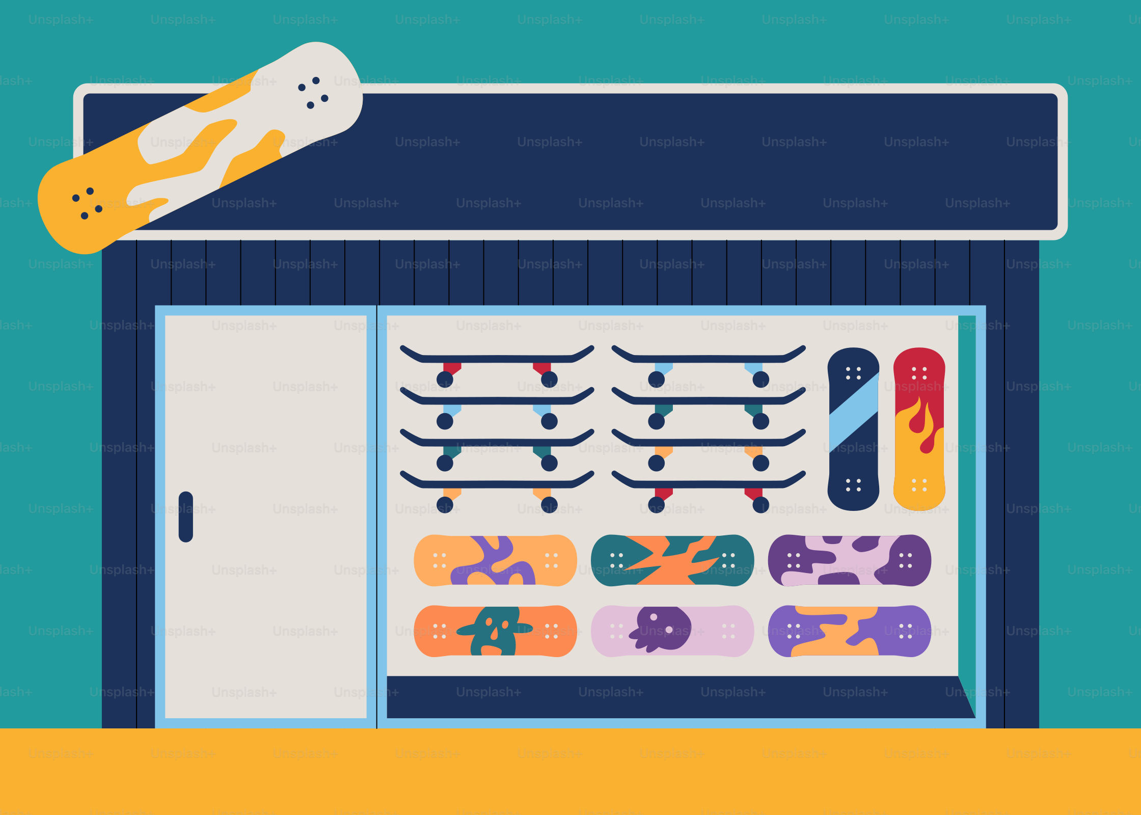 An illustration of a store front with a skateboard on top of it
