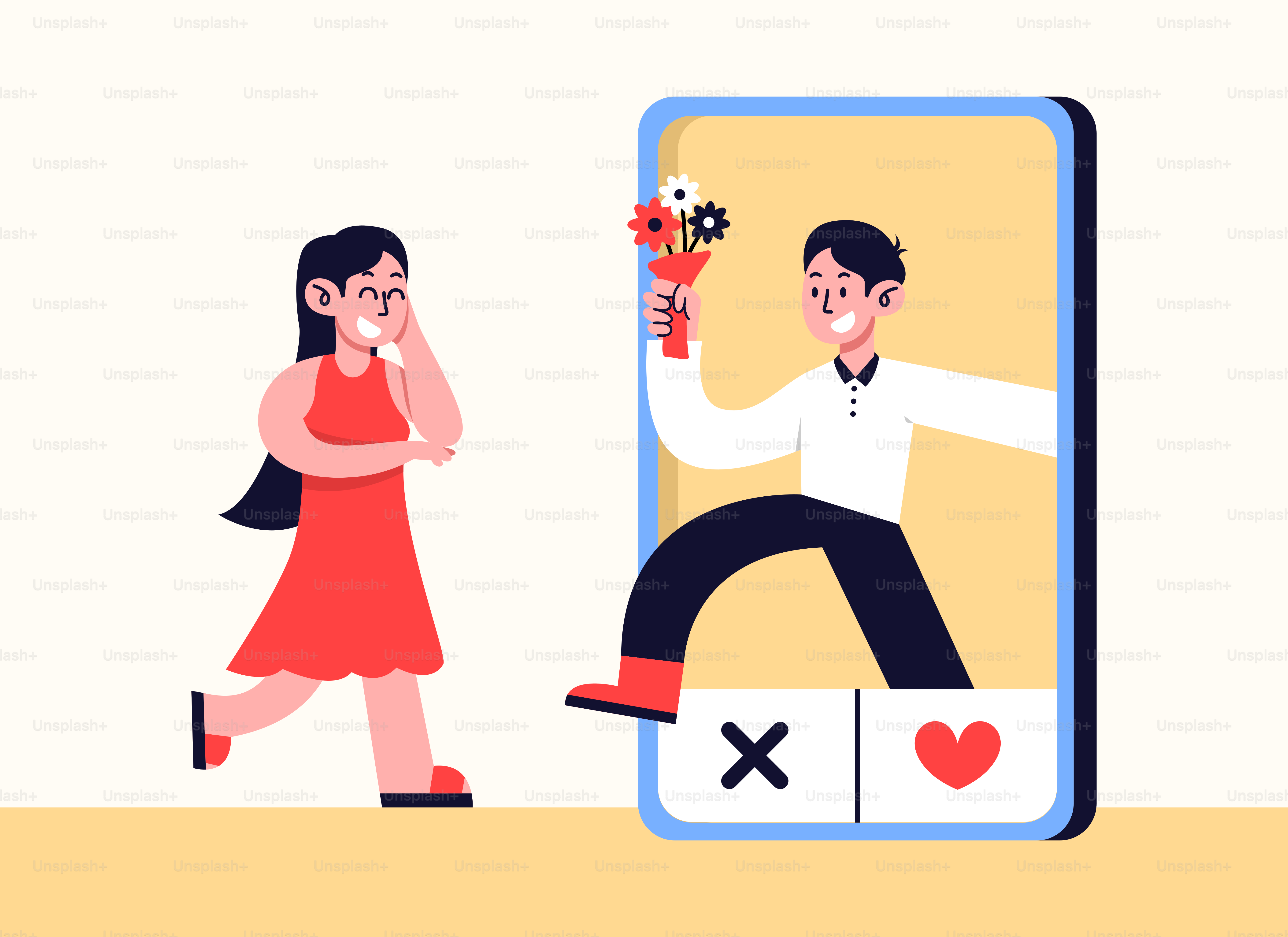 A man holding a bouquet of flowers standing next to a woman on a cell phone