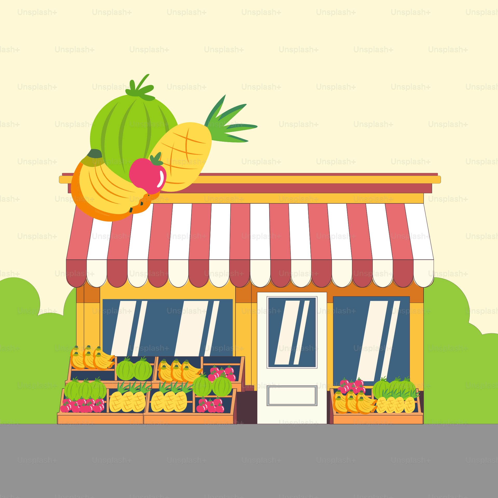 A small store with a fruit stand on top of it