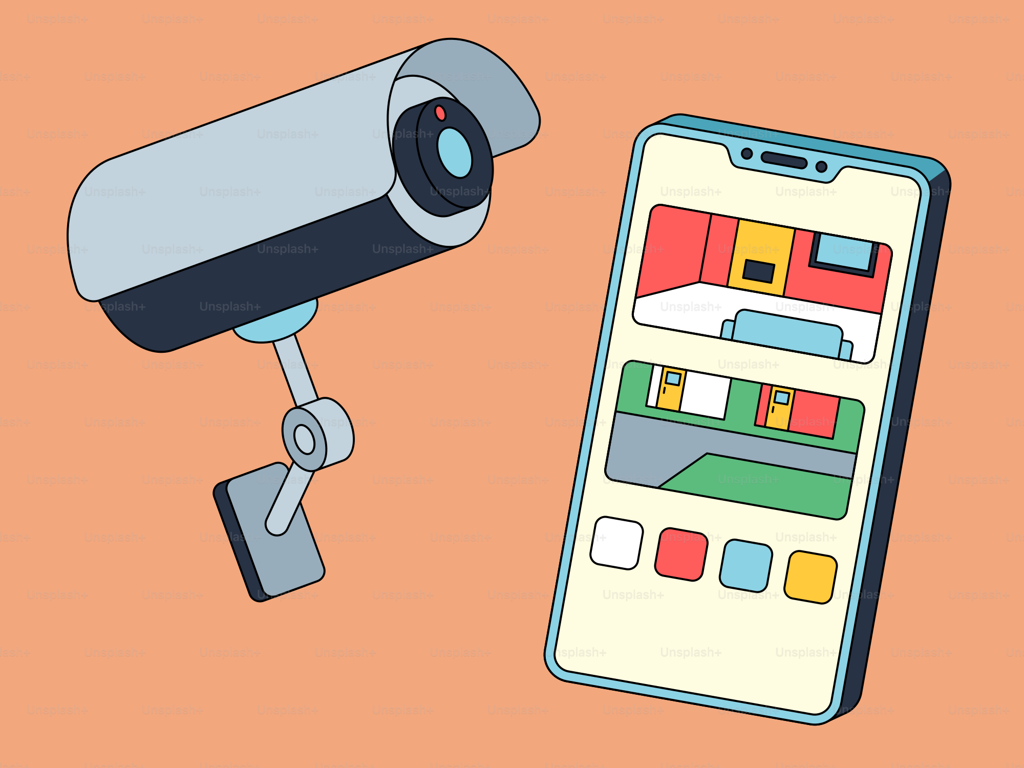 Une caméra de sécurité à côté d’un téléphone portable