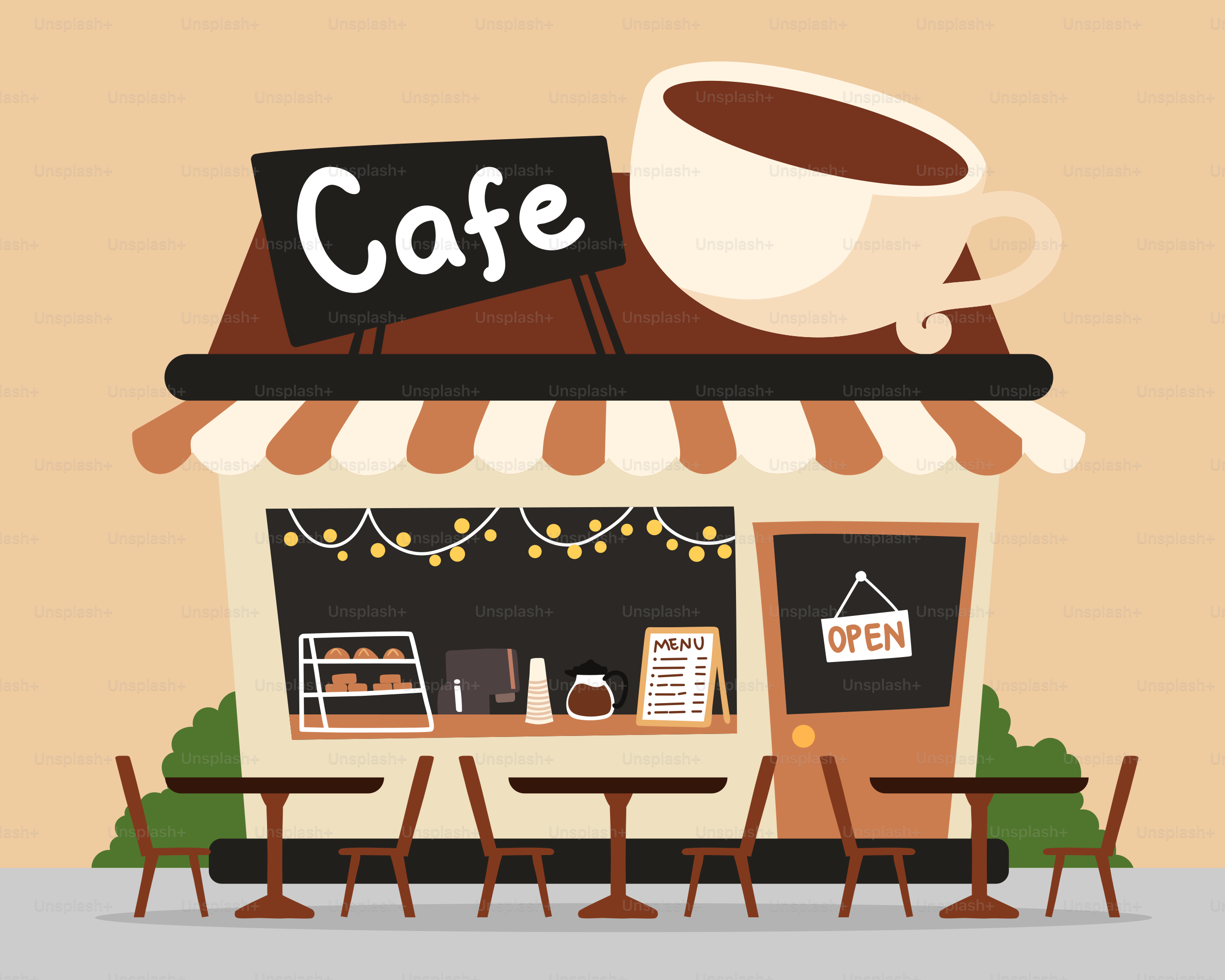 A coffee shop with a cup of coffee on top of it