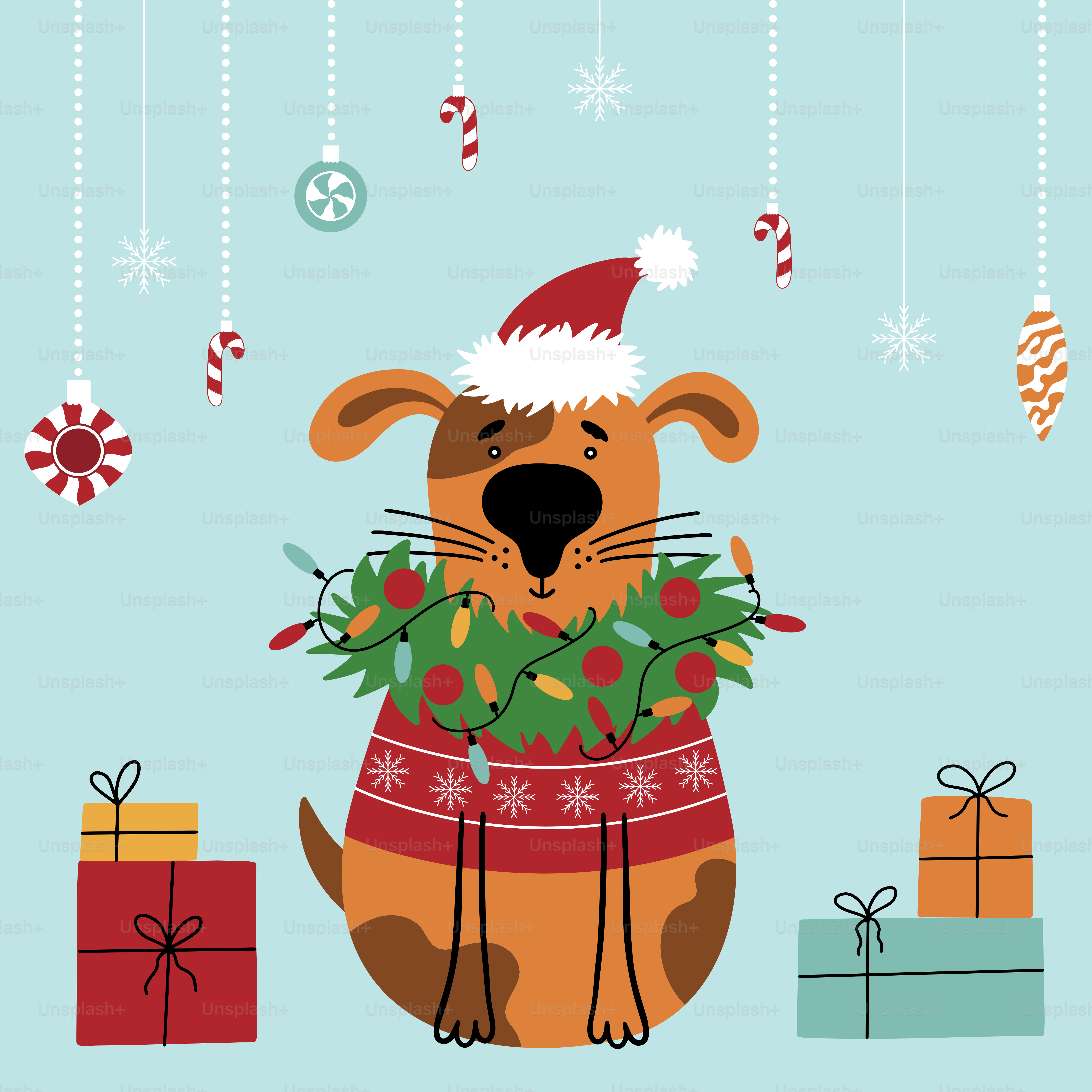 Un chien portant un bonnet de Père Noël et tenant plein de cadeaux