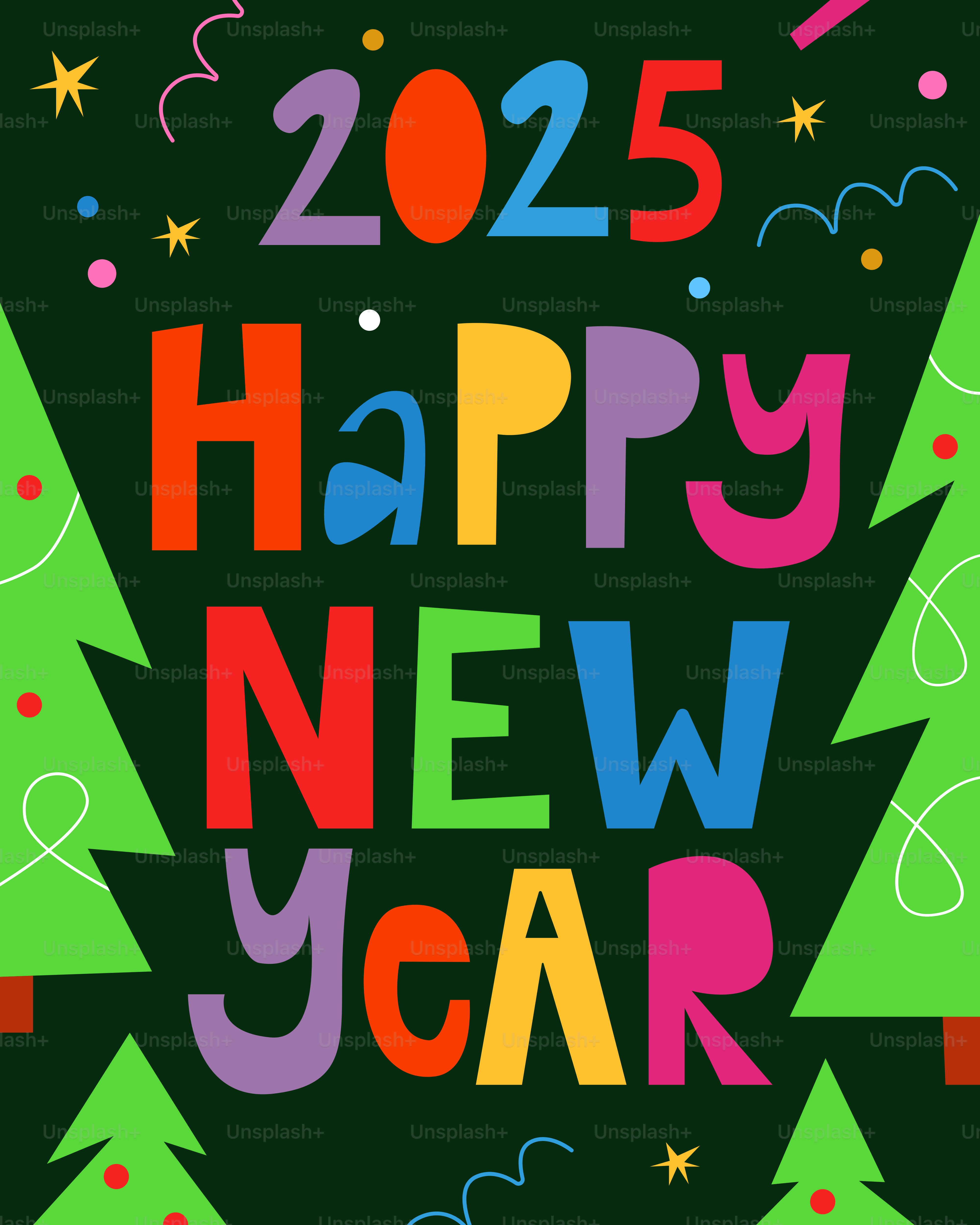 A happy new year card with trees and confetti