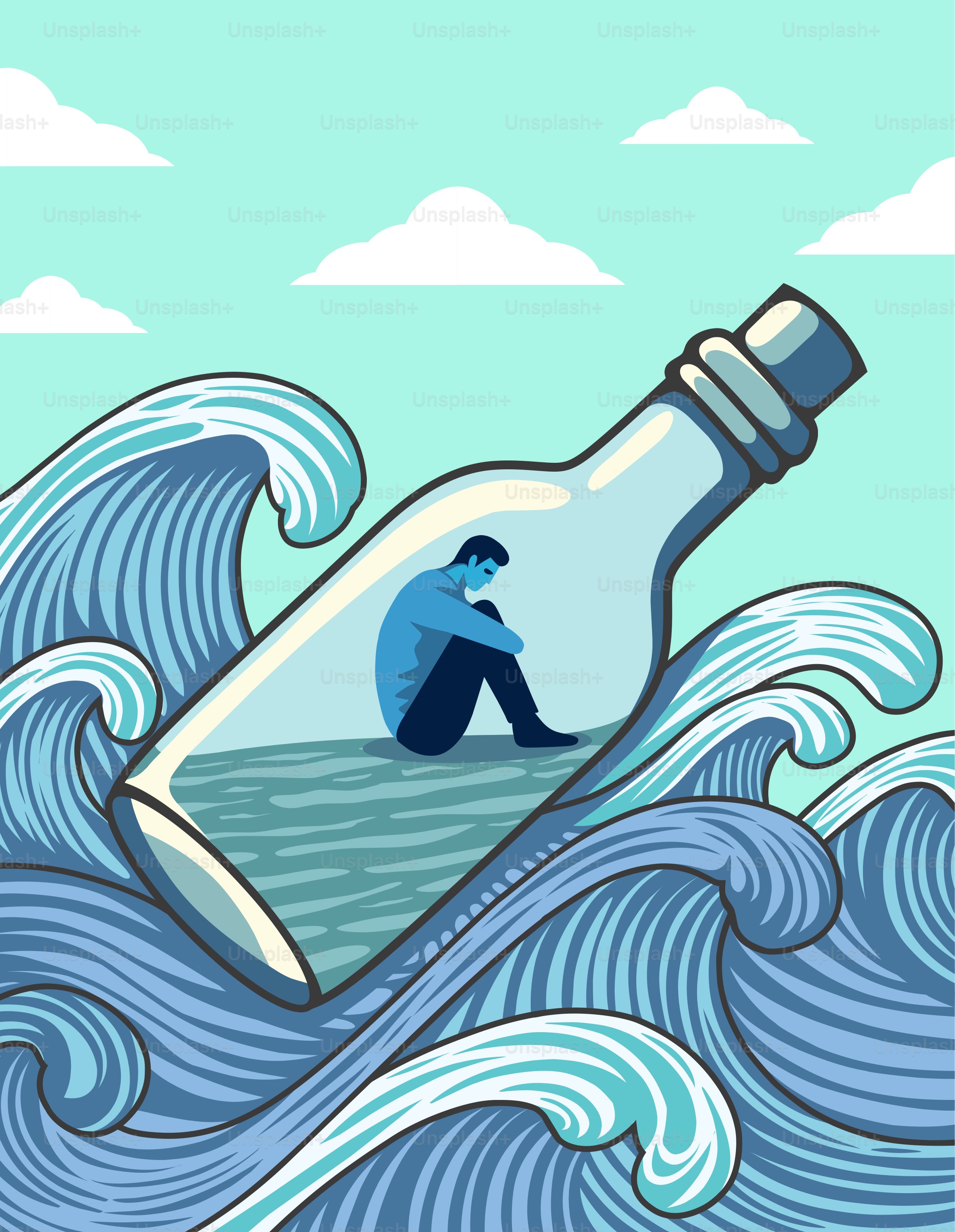 A bottle with a man inside of it floating in the ocean