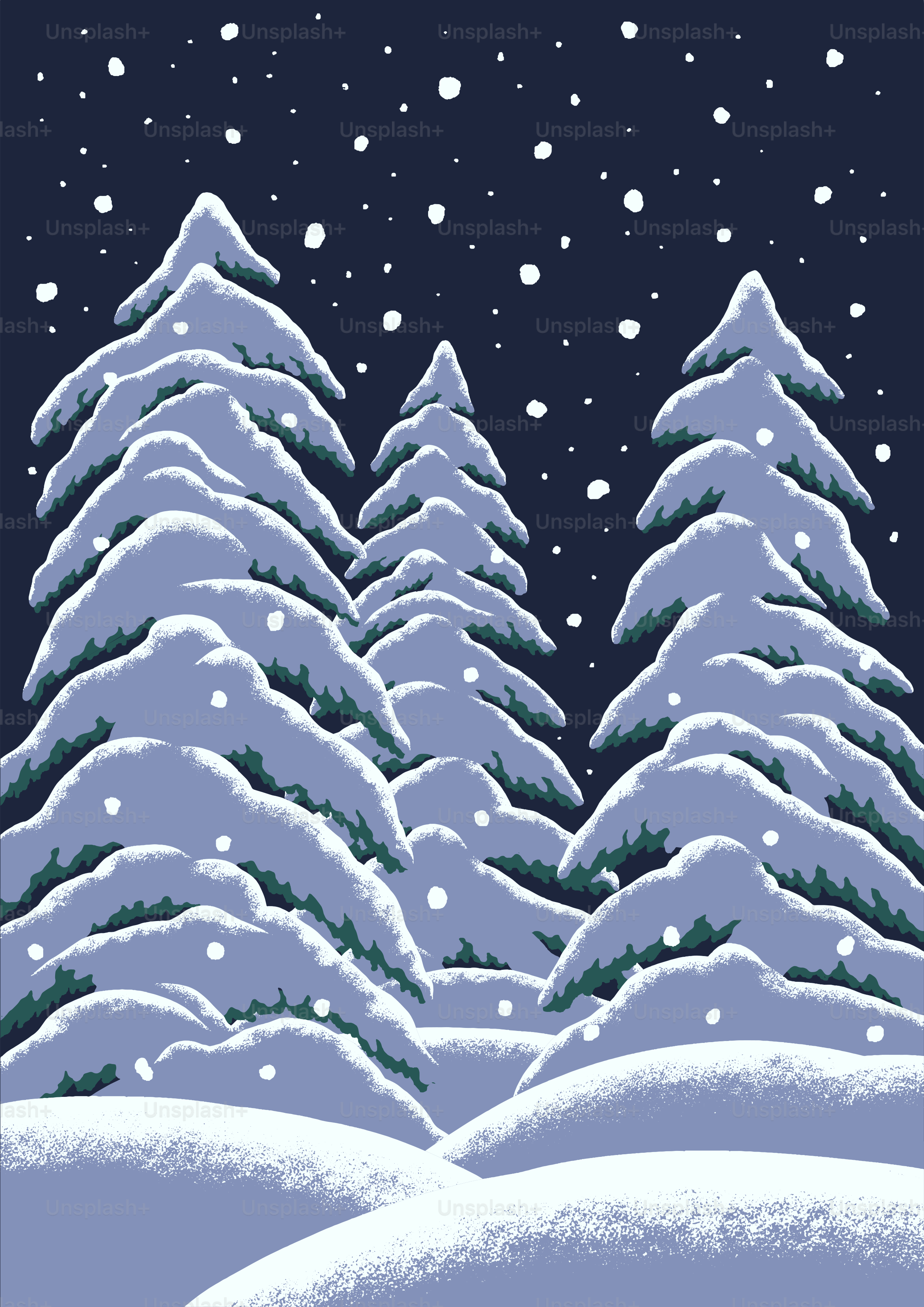 A picture of a snowy night with trees