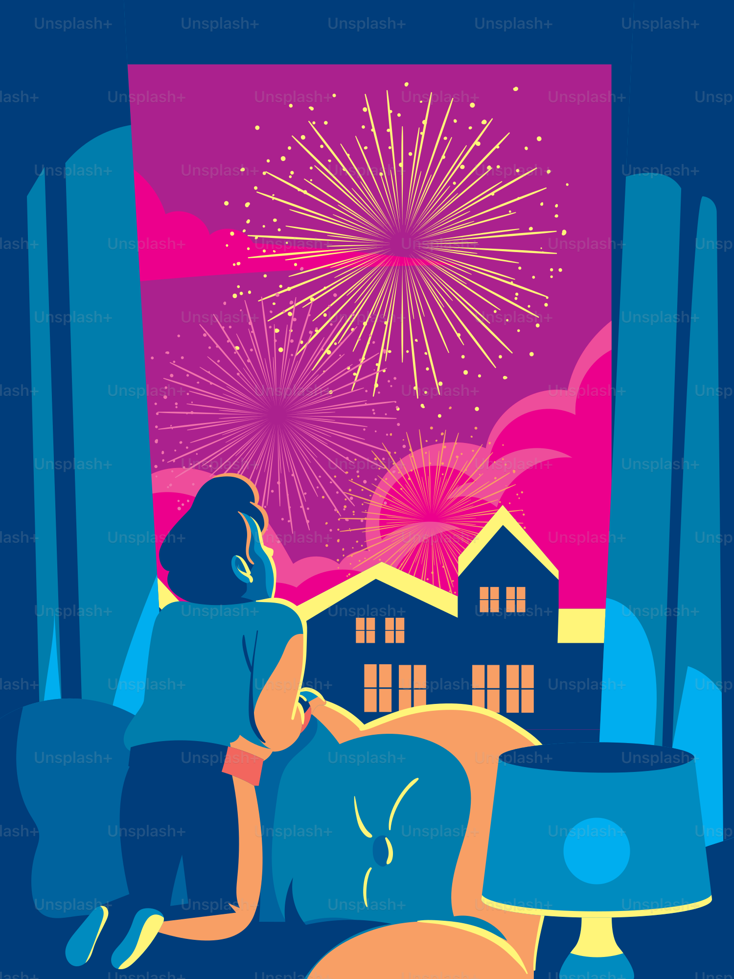 A woman sitting in front of a window watching fireworks