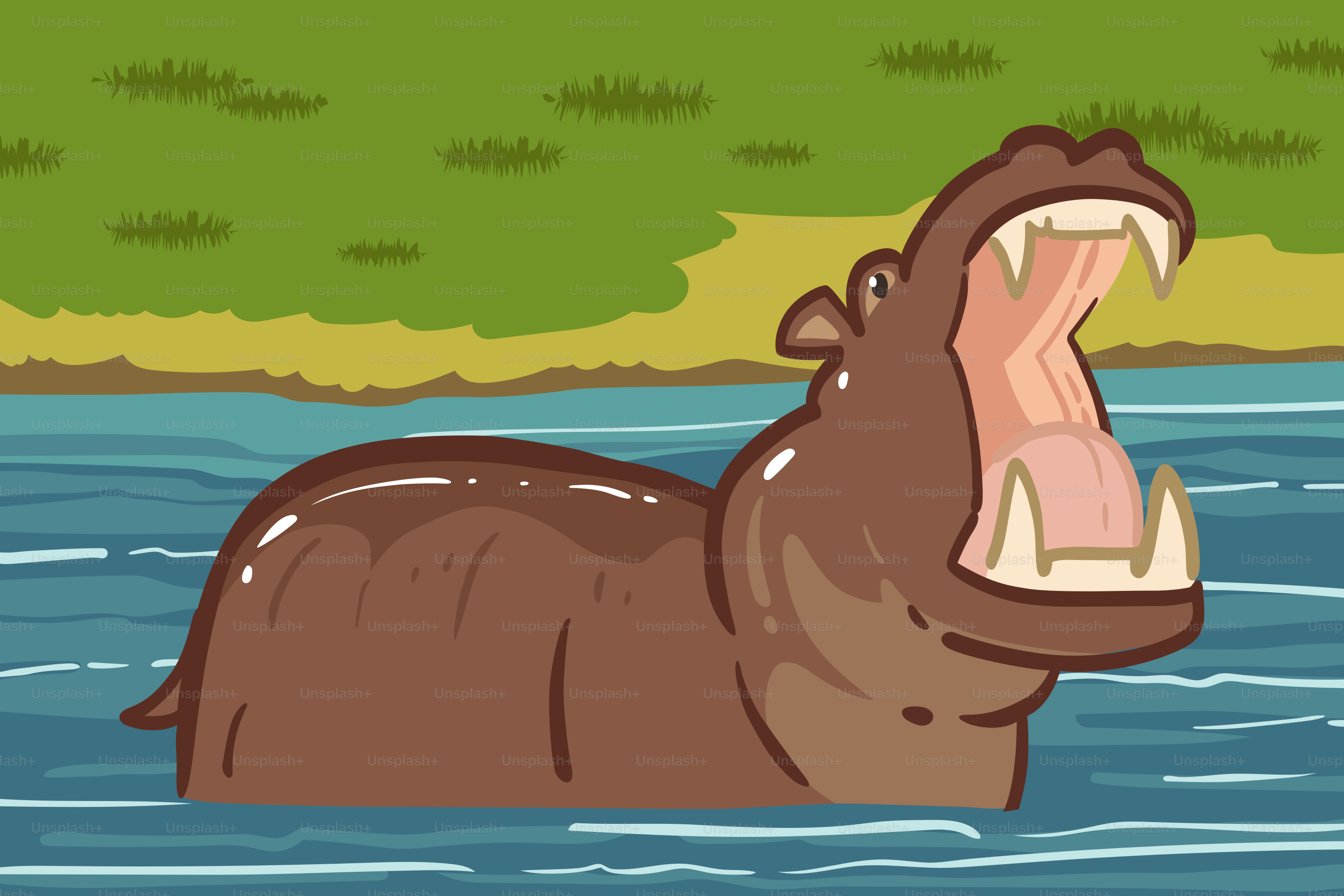 Un ippopotamo in un corpo d'acqua con la bocca aperta