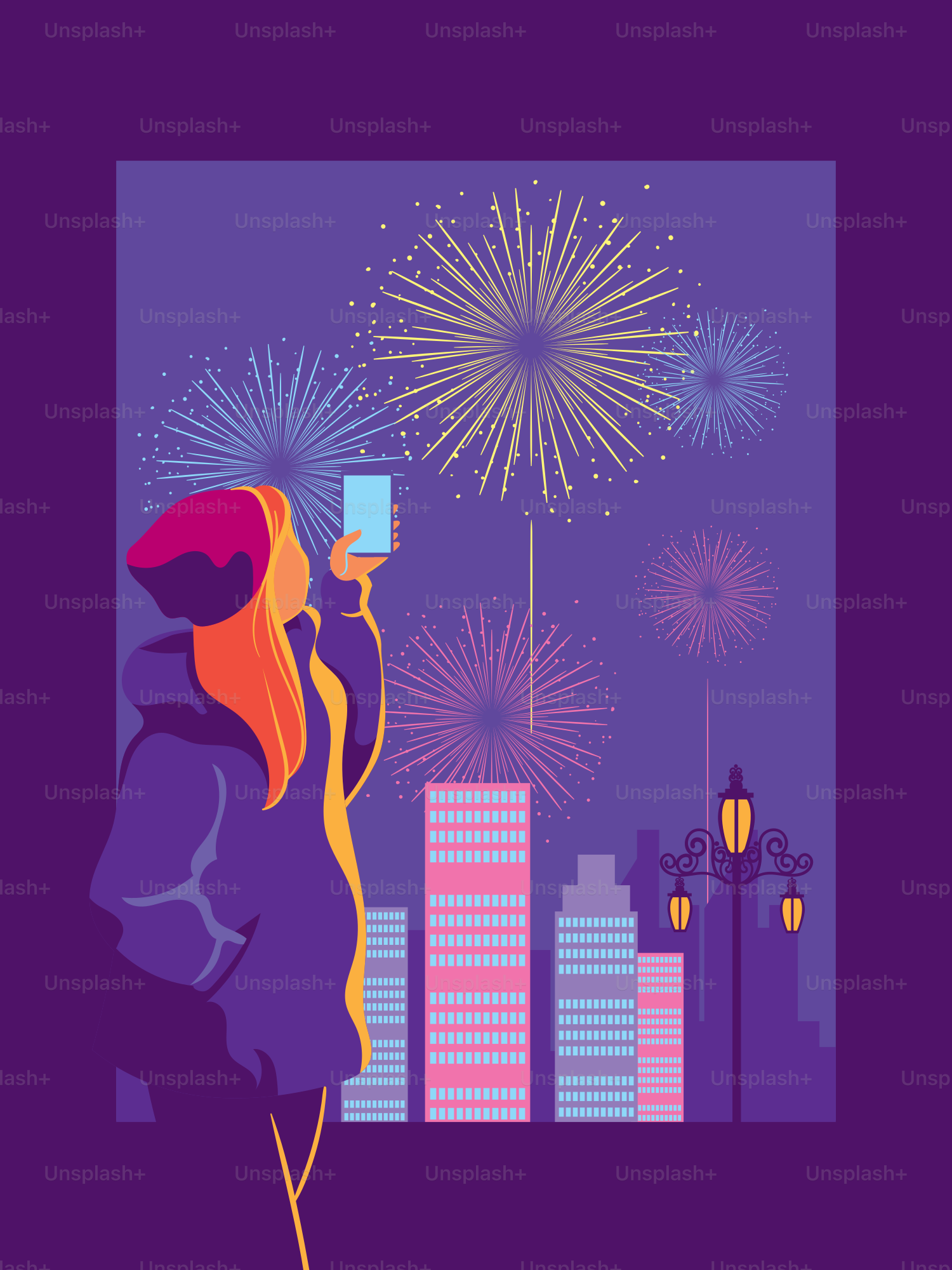 A woman taking a picture of fireworks with her cell phone