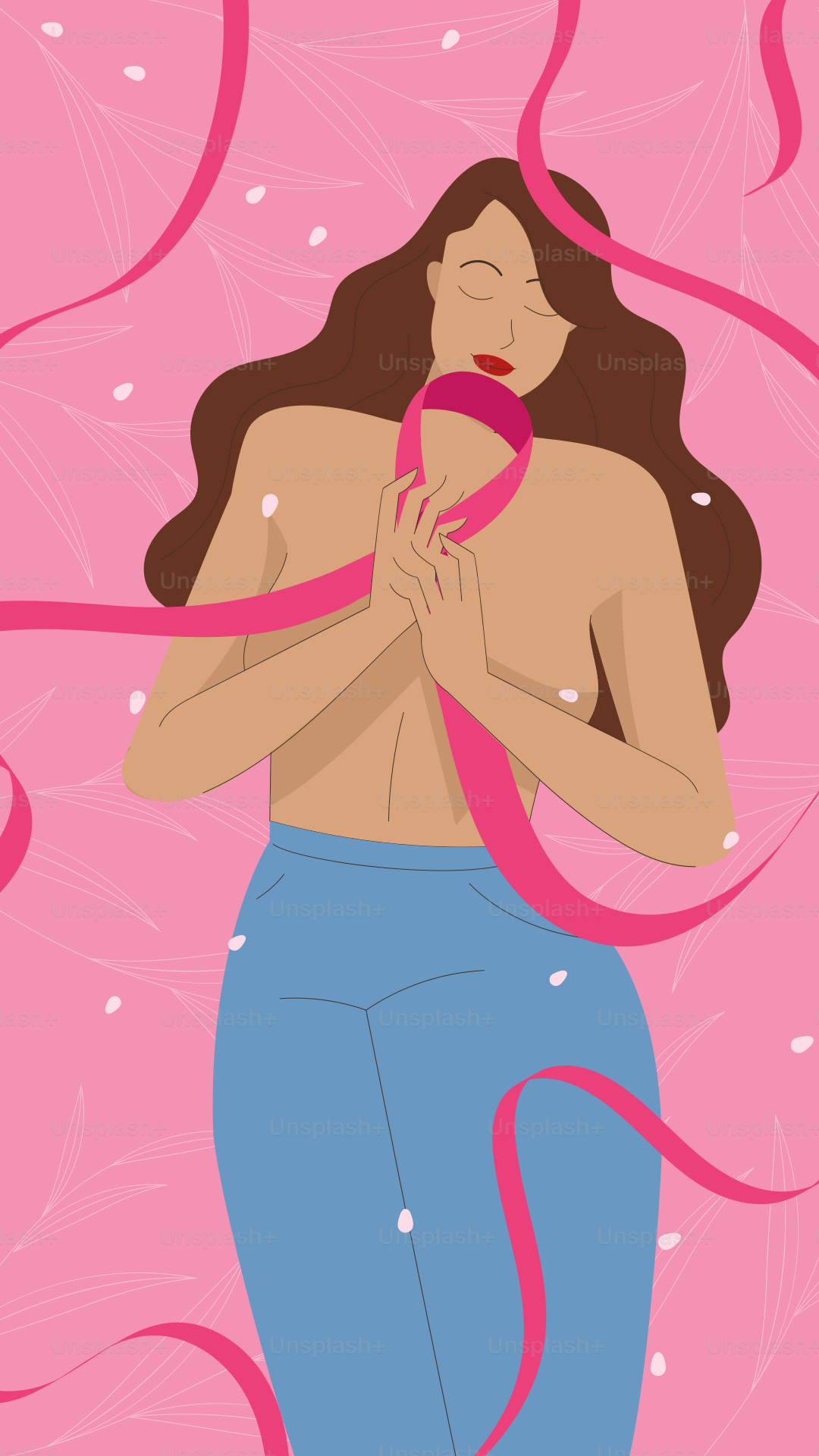 A woman with a pink ribbon around her neck