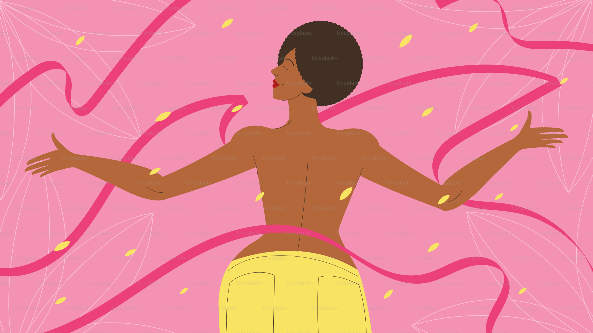 A woman with her arms spread out in front of a pink background
