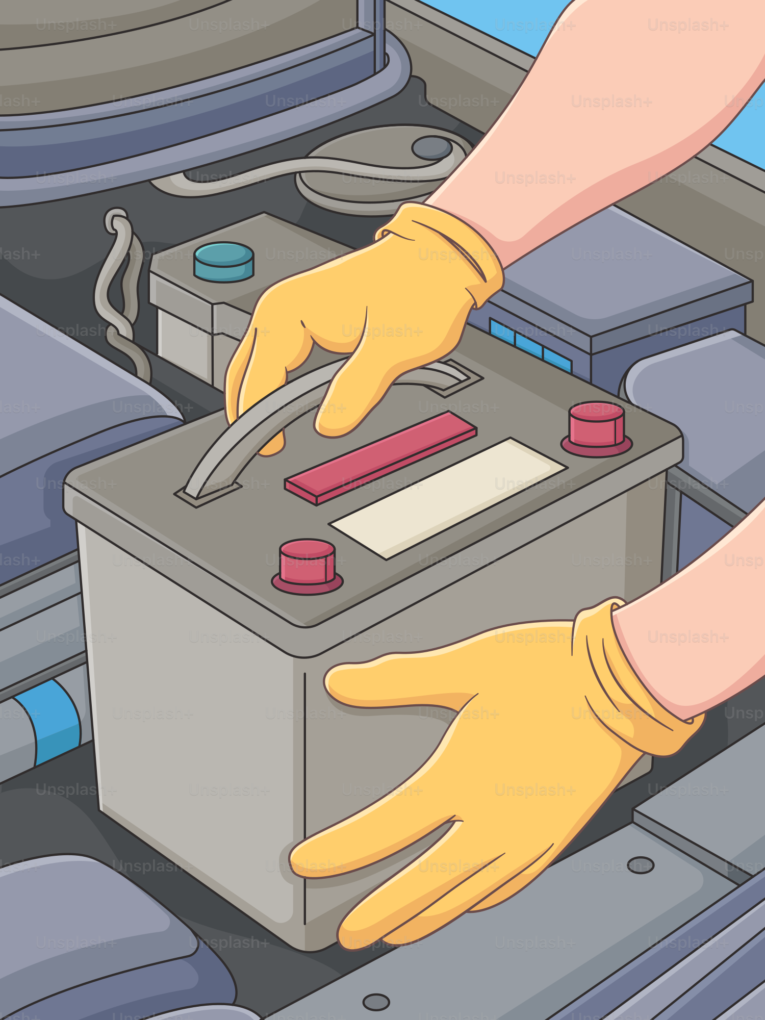 A person in yellow gloves working on a car battery