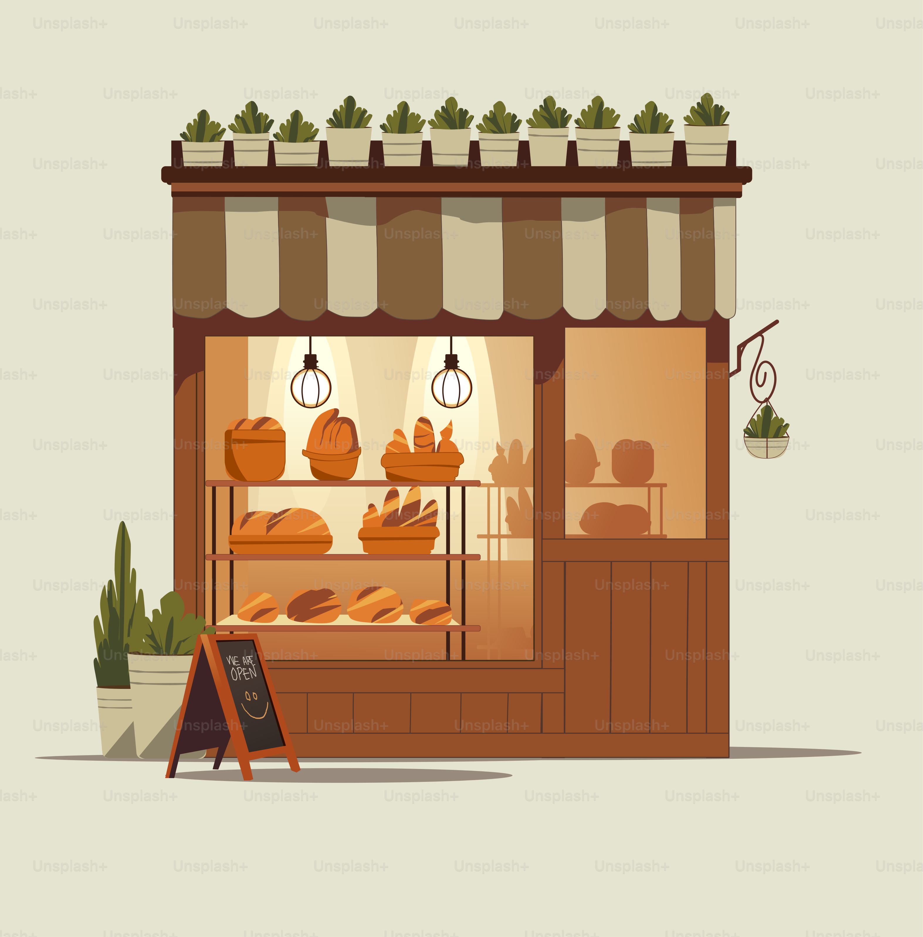 Eine Illustration einer Bäckerei mit einem Schild davor