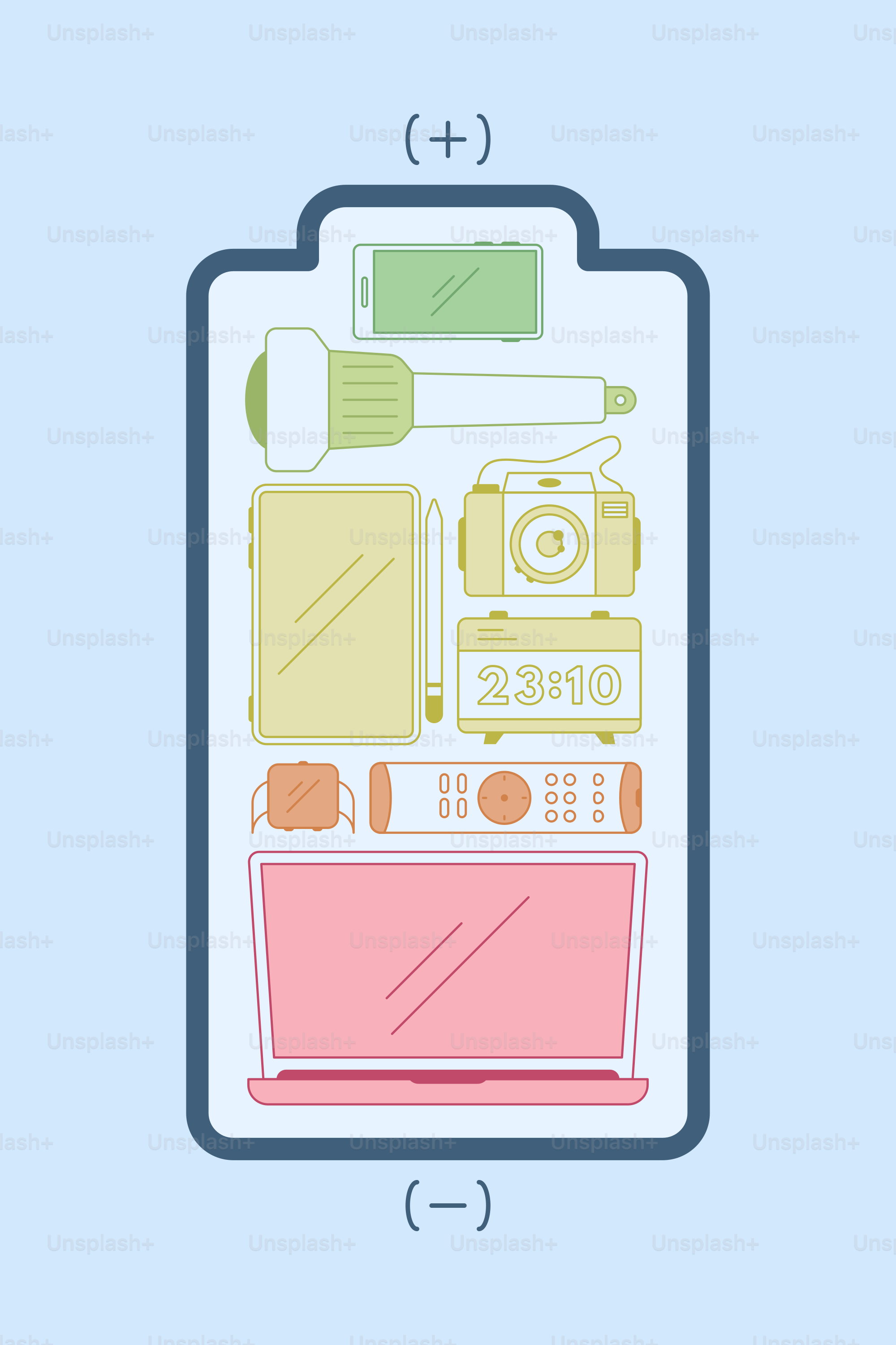 A drawing of a cell phone with a camera attached to it
