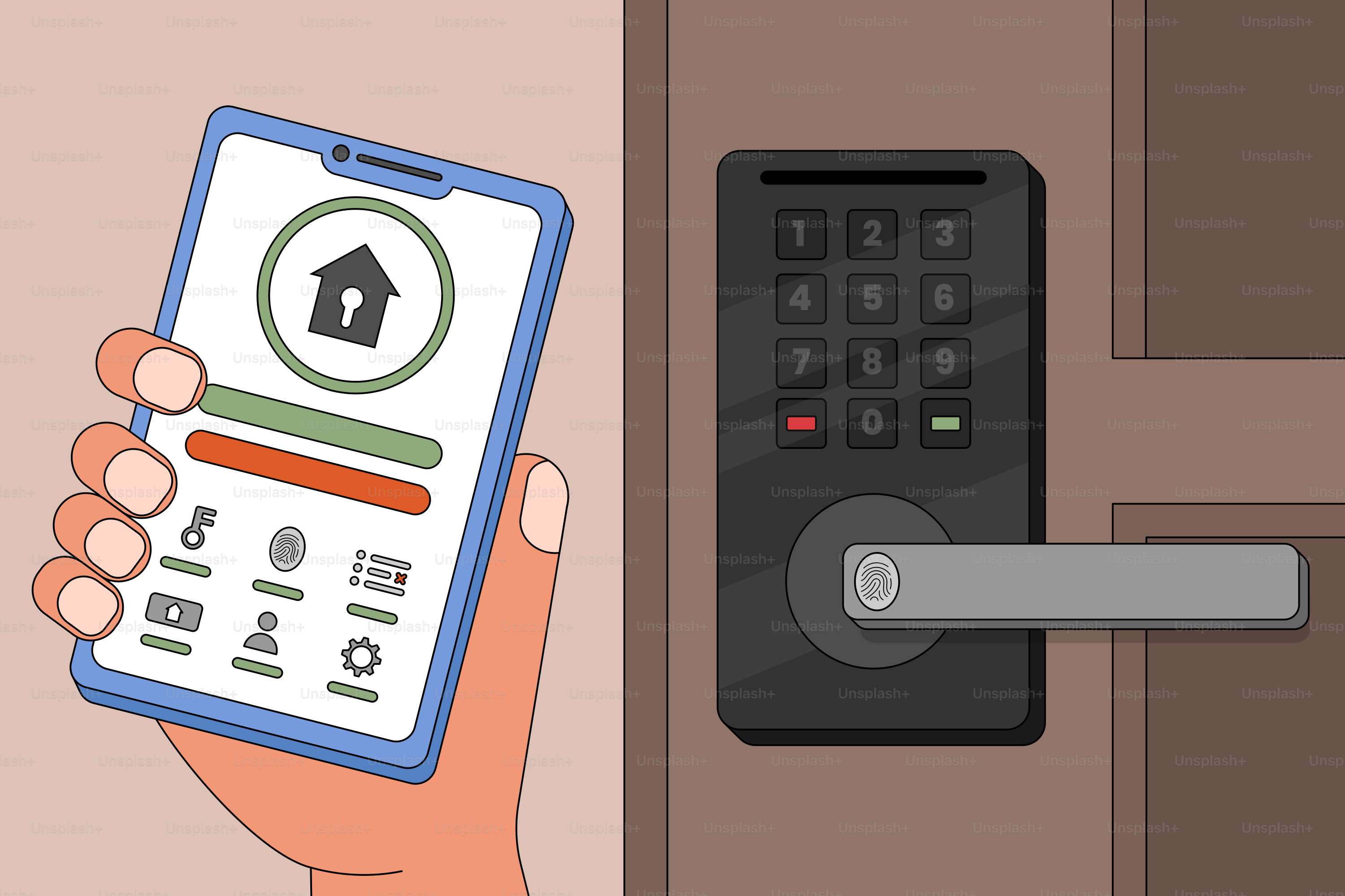 A hand holding a smart phone in front of a door