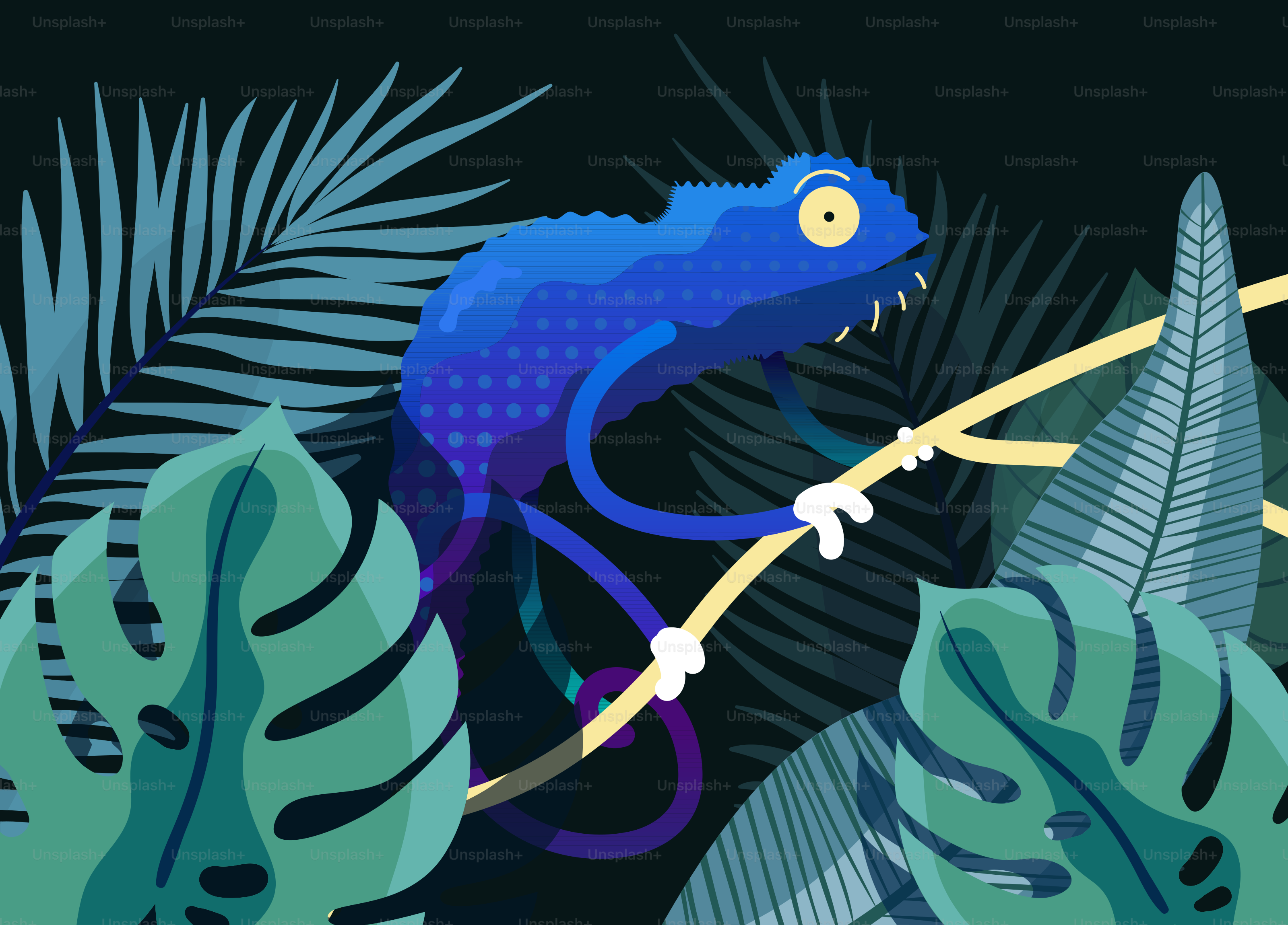 Eine blaue Eidechse auf einem Ast im Dschungel