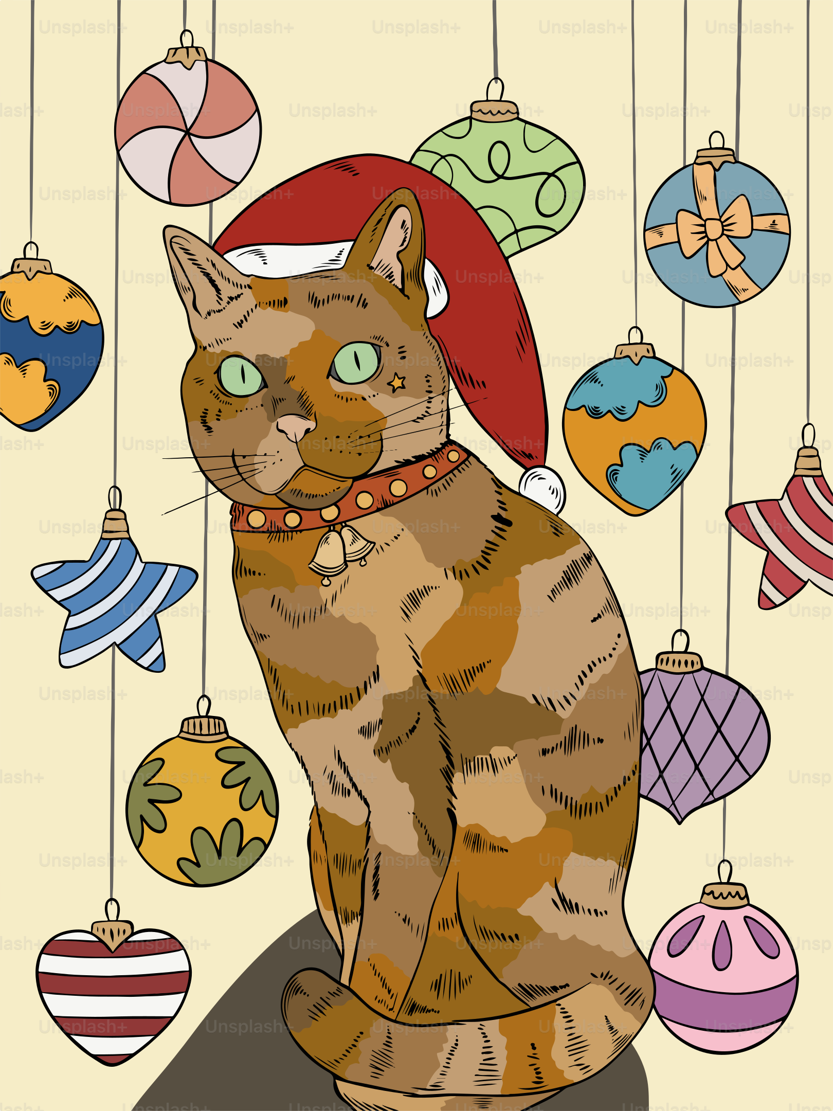 サンタ帽をかぶった猫がオーナメントの前に座っている