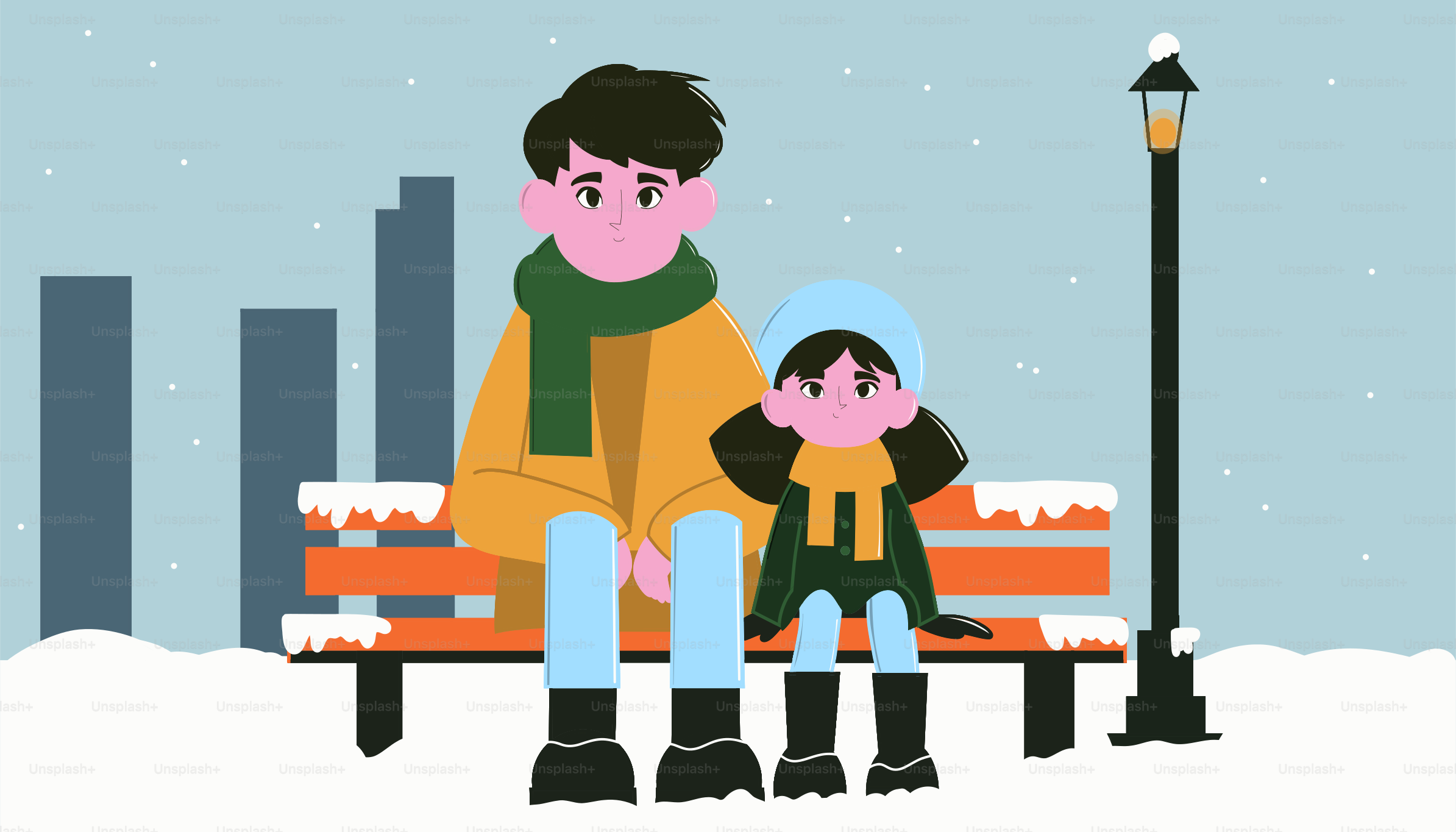 A man and a child sitting on a bench in the snow
