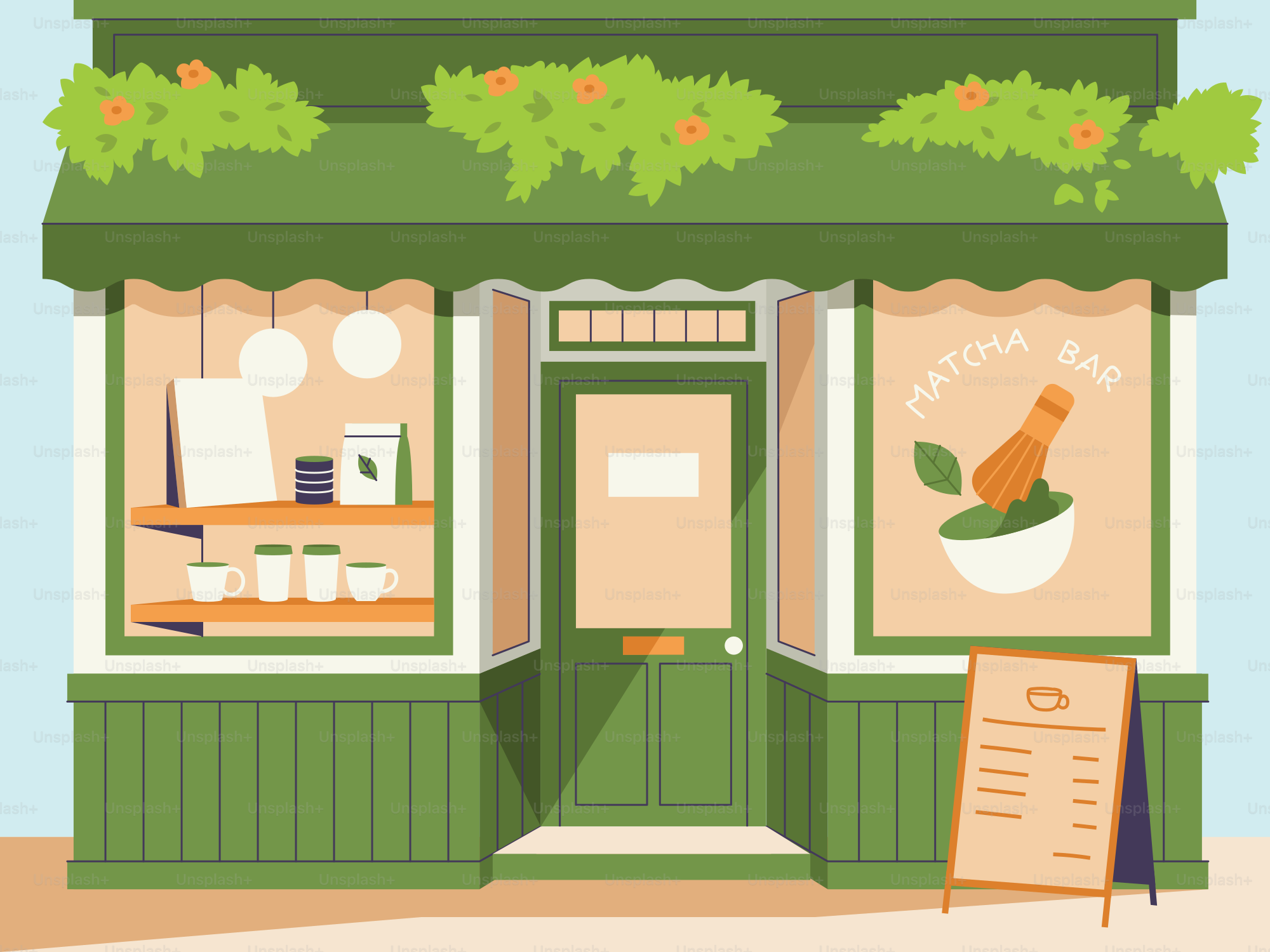 A green building with a sign in front of it