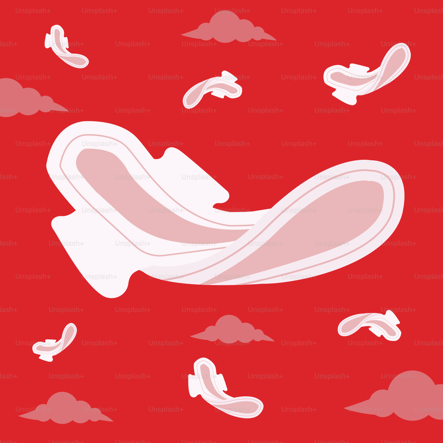 A red background with white clouds and a white shoe