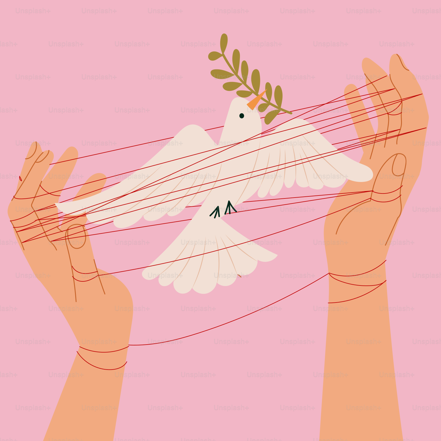 Two hands holding a white dove with a twig sticking out of it