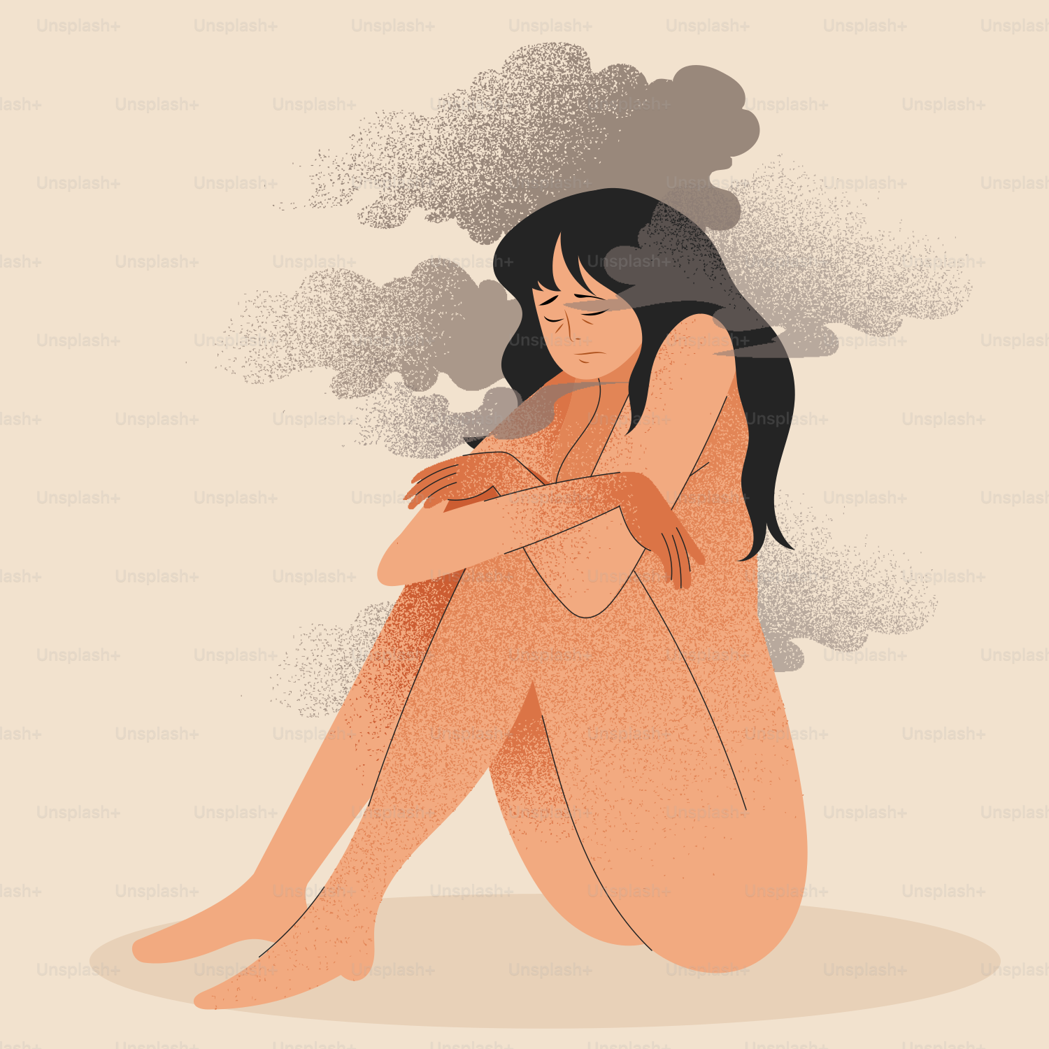 A woman sitting on the ground with smoke coming out of her mouth
