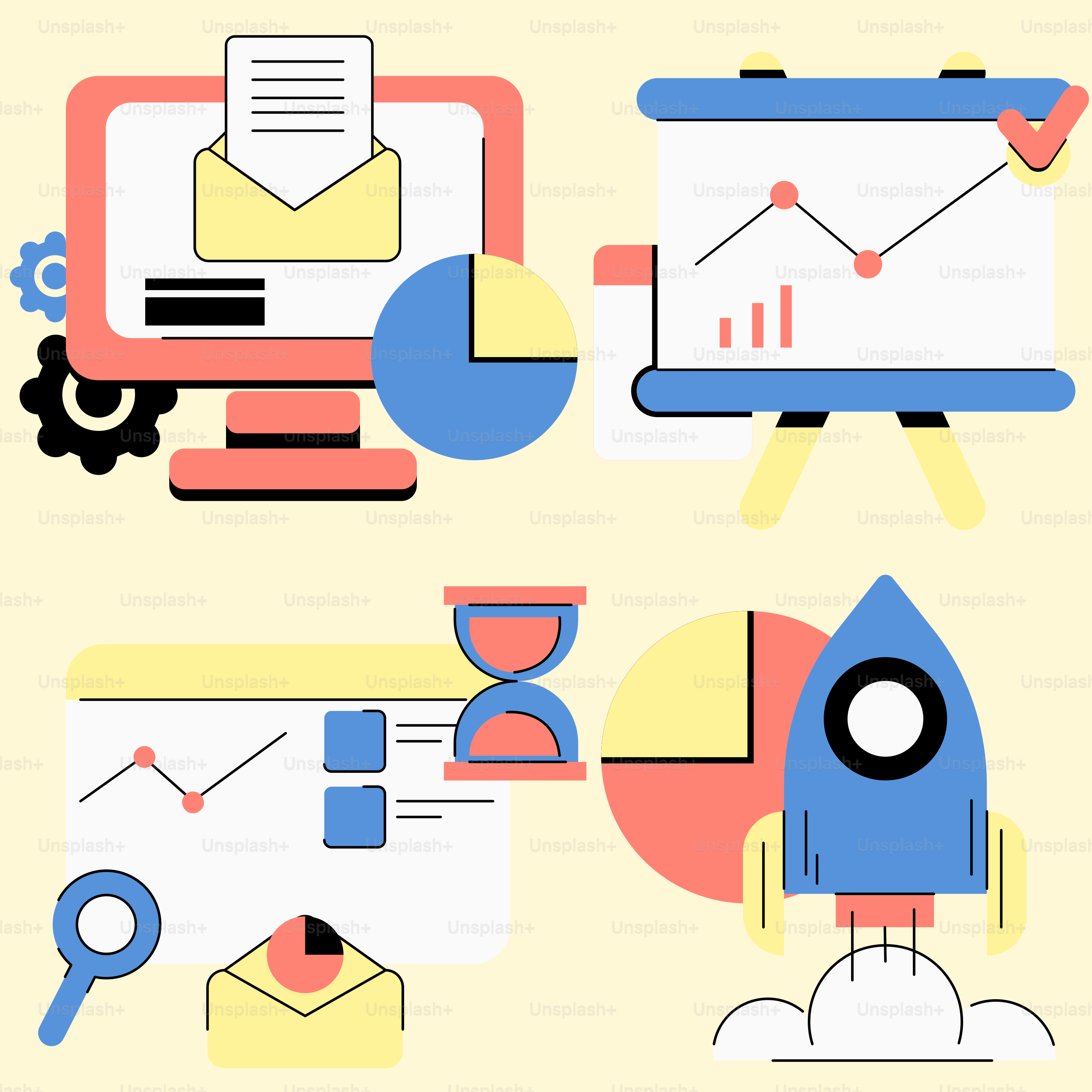 Eine Reihe verschiedener Arten von Symbolen auf gelbem Hintergrund