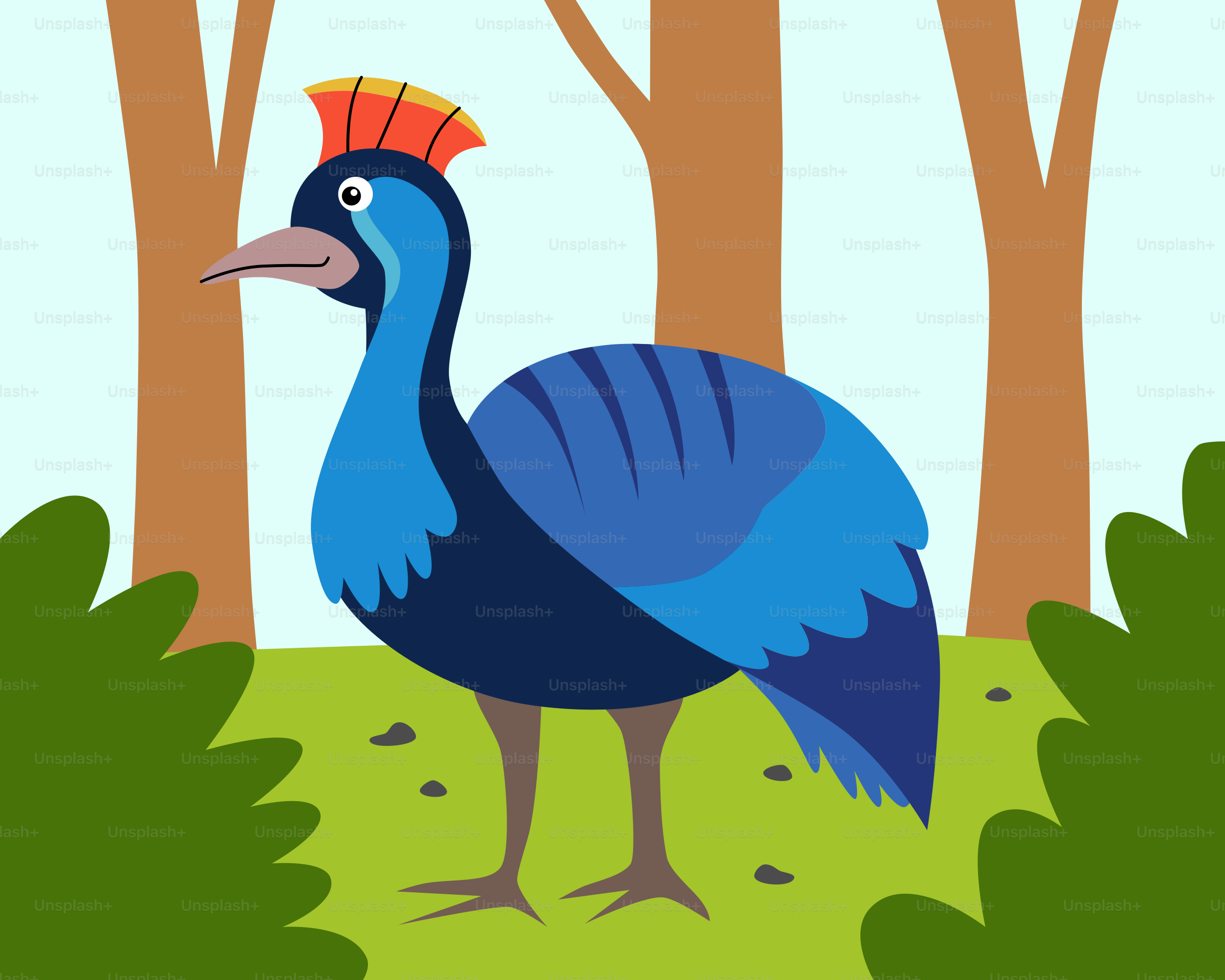 A blue bird standing in a forest with trees