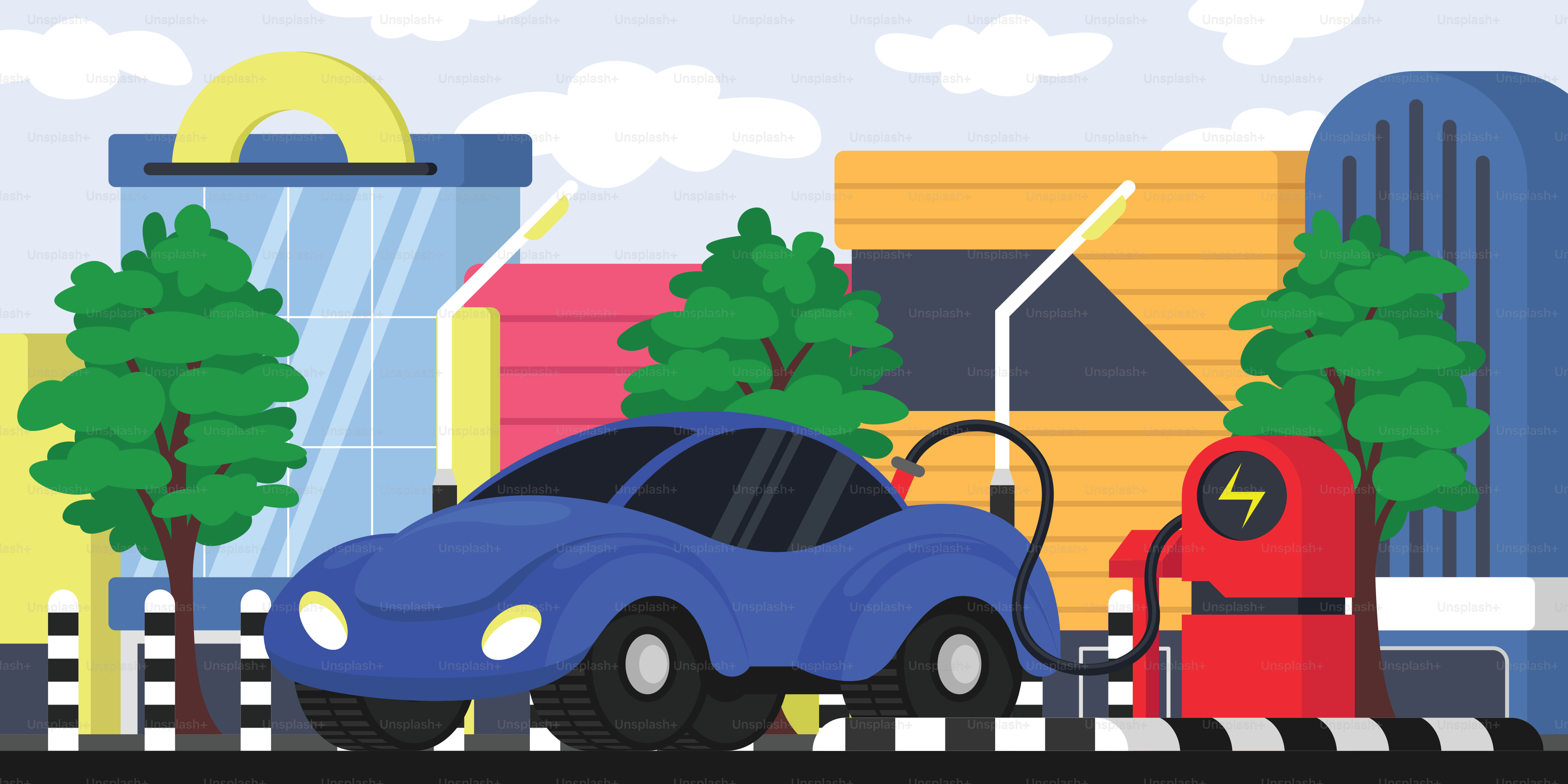 Une voiture bleue est à une station-service