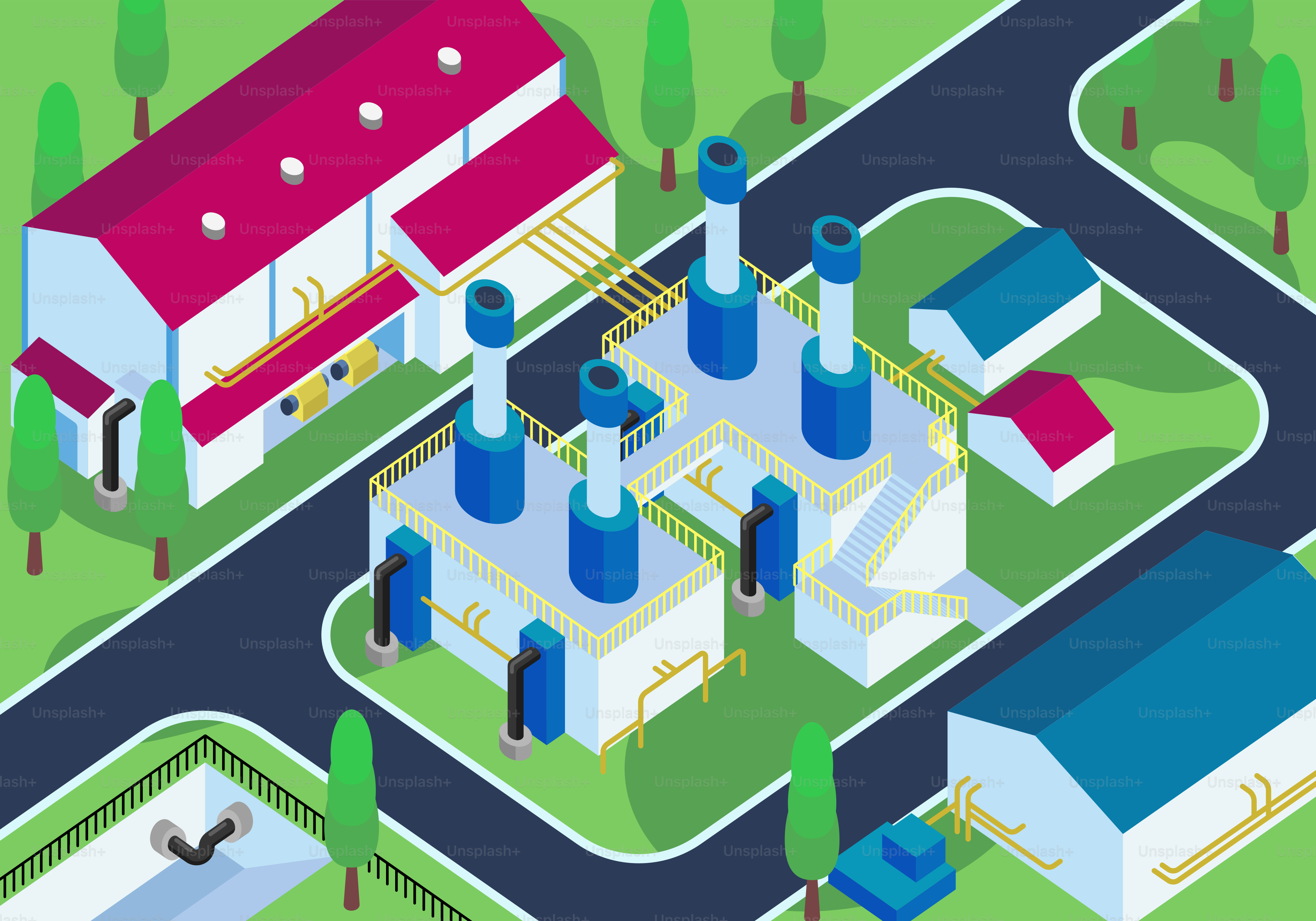 빨간 지붕이 있는 공장의 그림