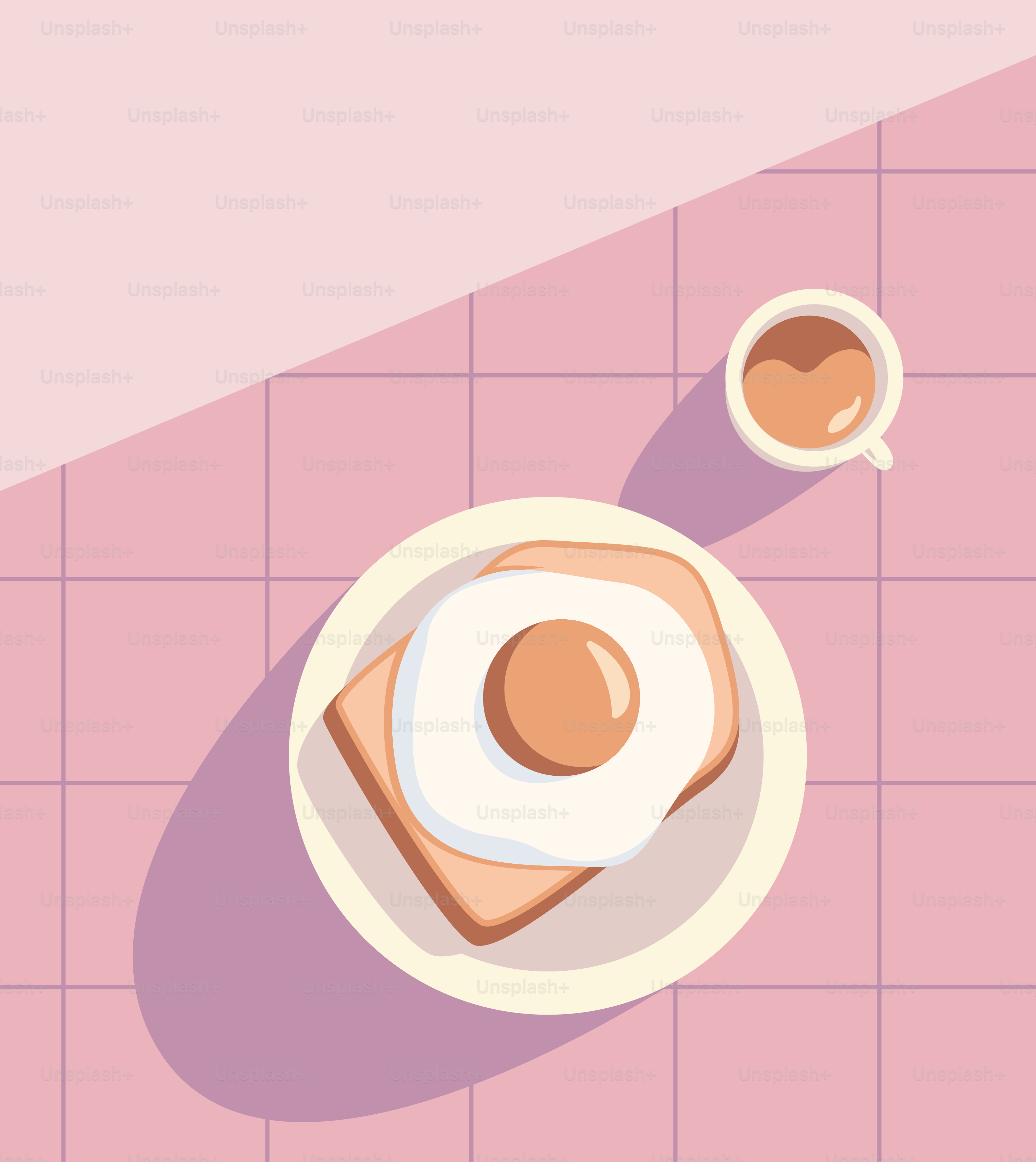 An overhead view of a plate of food and two cups of coffee